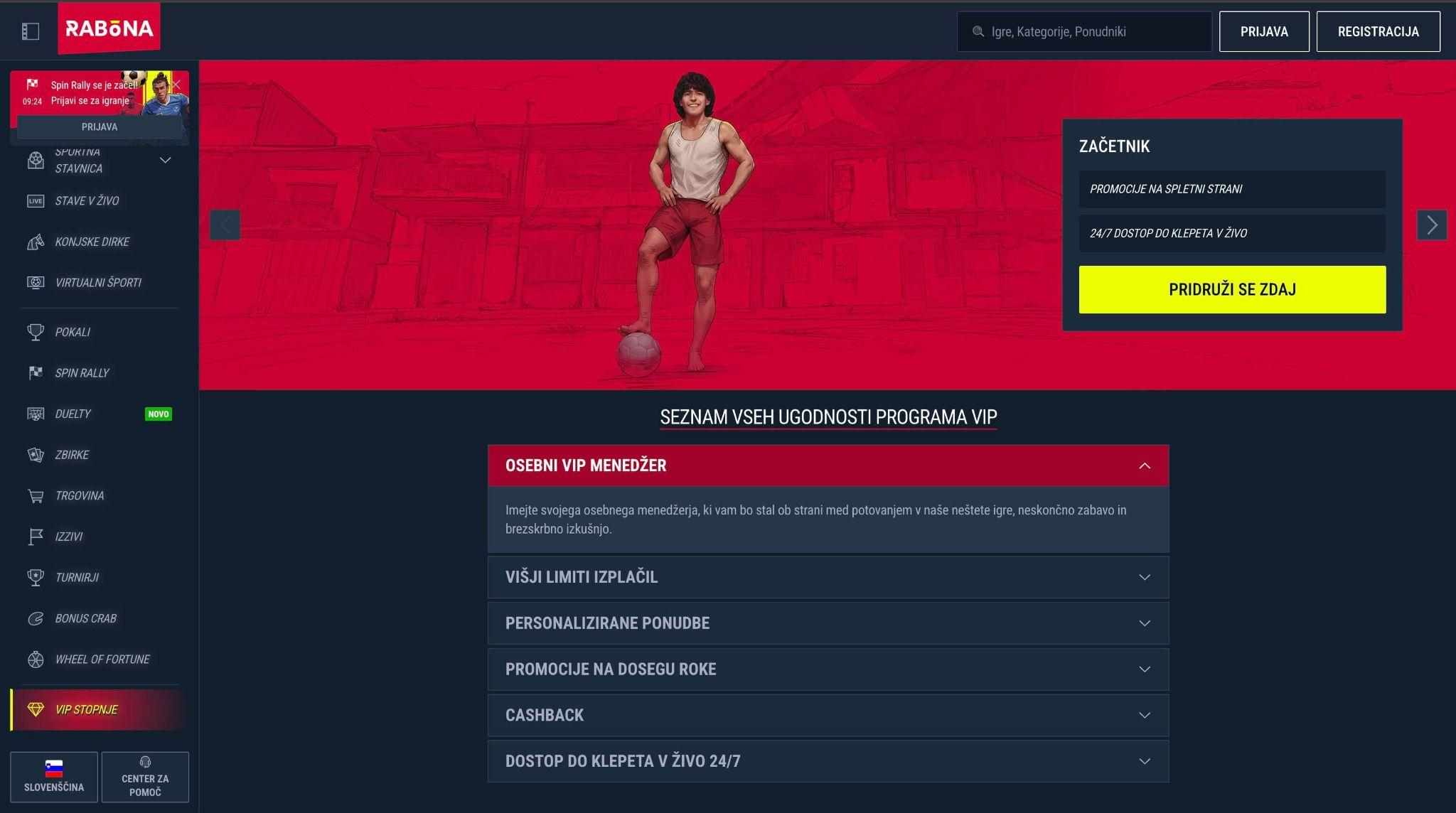 VIP program Rabona z dodatnimi ugodnostmi in cashback ponudbami