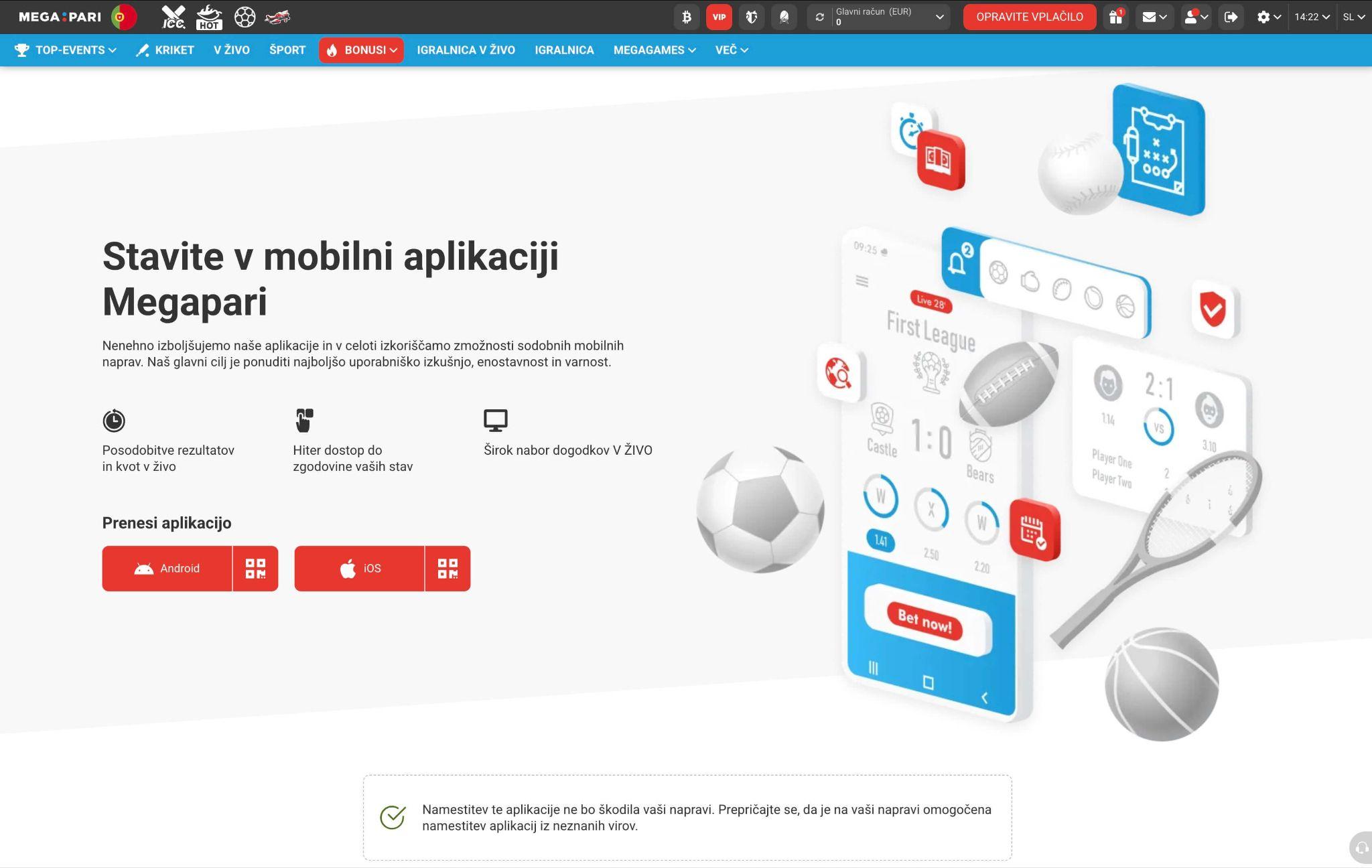 Megapari Android aplikacija za športne stave z mobilnimi kvotami in dogodki v živo