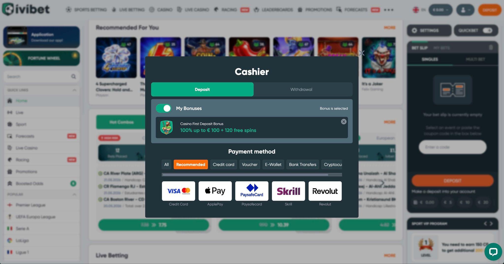 Ivibet metode plačila za športne stave s podporo za Visa, Skrill, Revolut, Apple Pay in Paysafecard