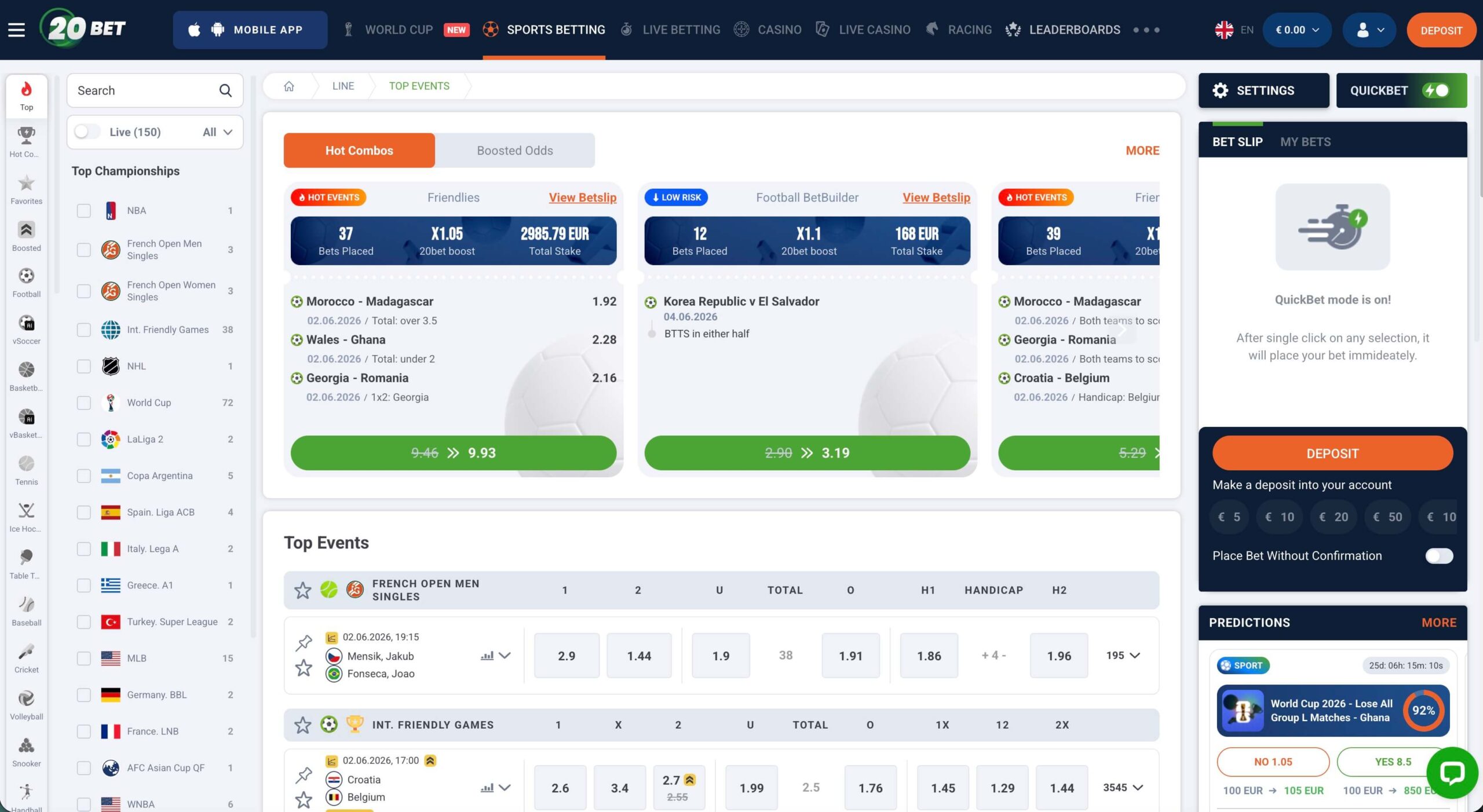 20Bet stave v živo in trgi za azijski hendikep