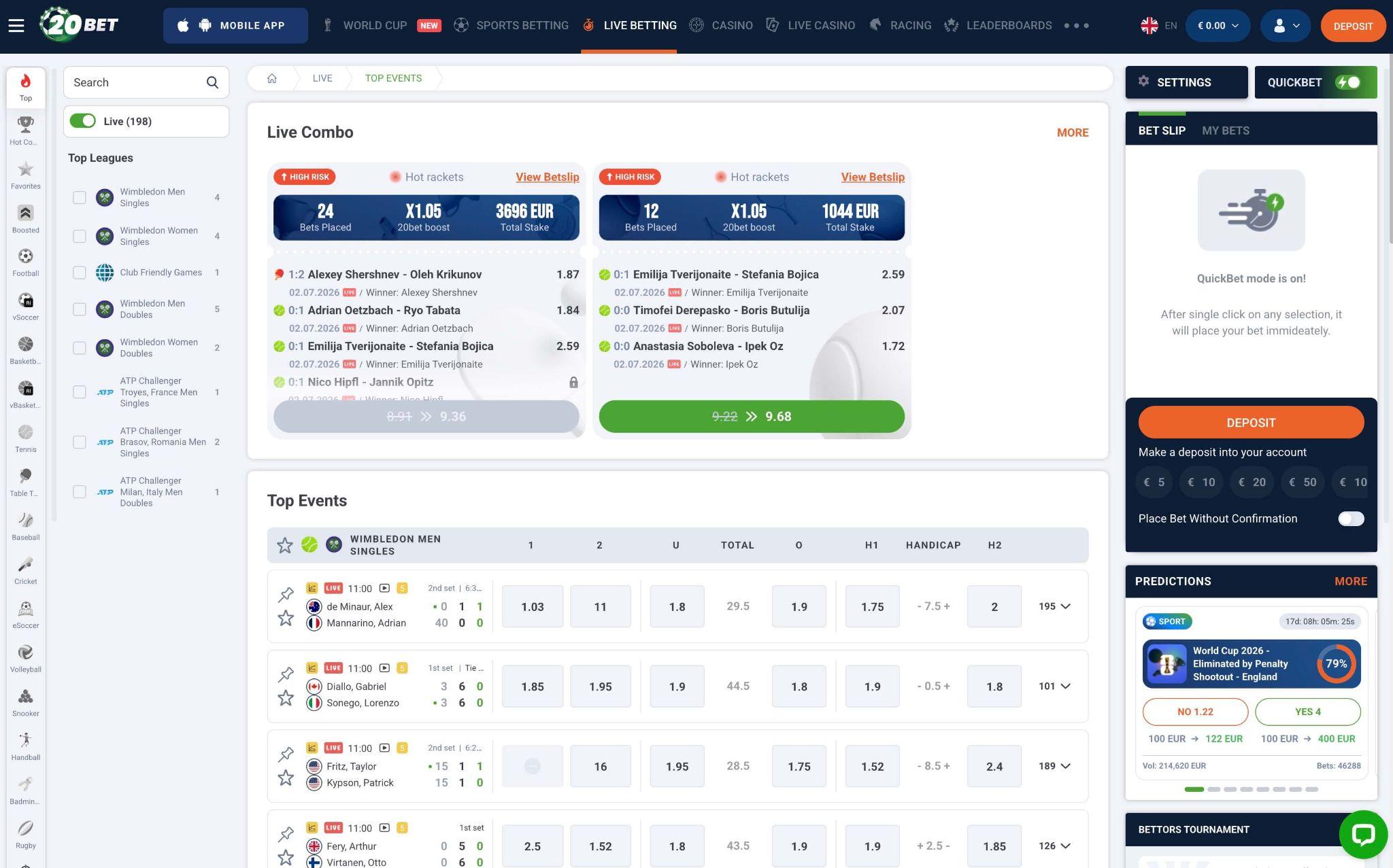 20Bet live combo vmesnik za kombinirane stave in sestavljanje akumulatorskih stav