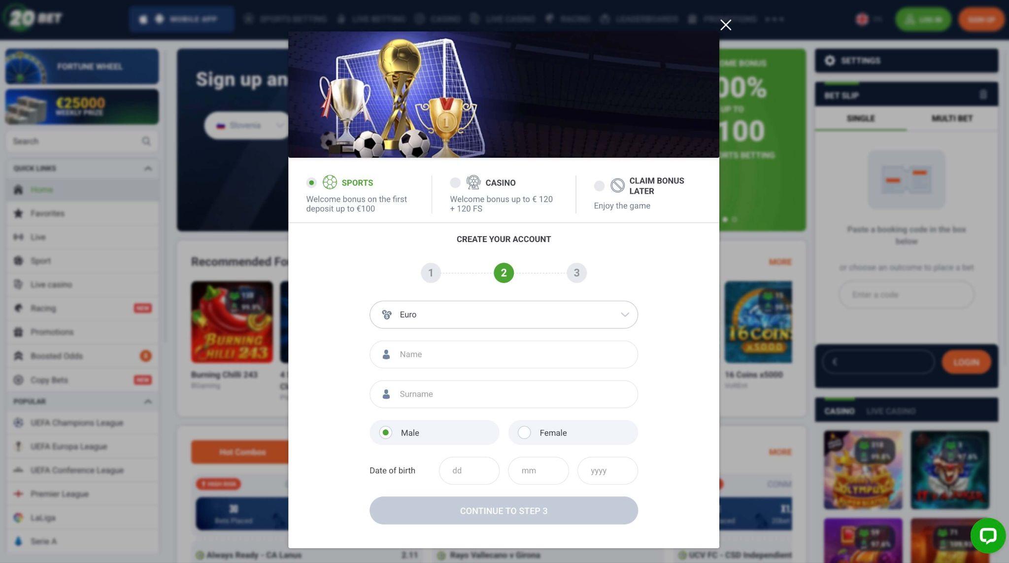 Registracija računa na 20Bet stavnici