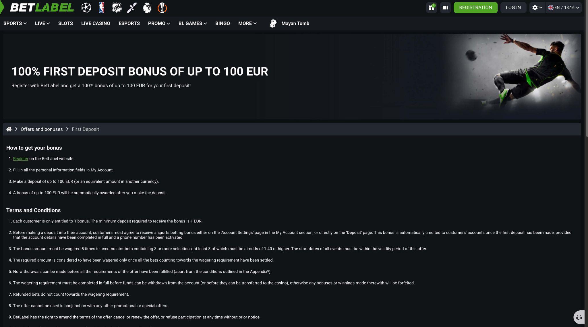 BetLabel 100 % bonus do 100 EUR za športne stave s pogoji bonusa, minimalnim depozitom in zahtevami za aktivacijo