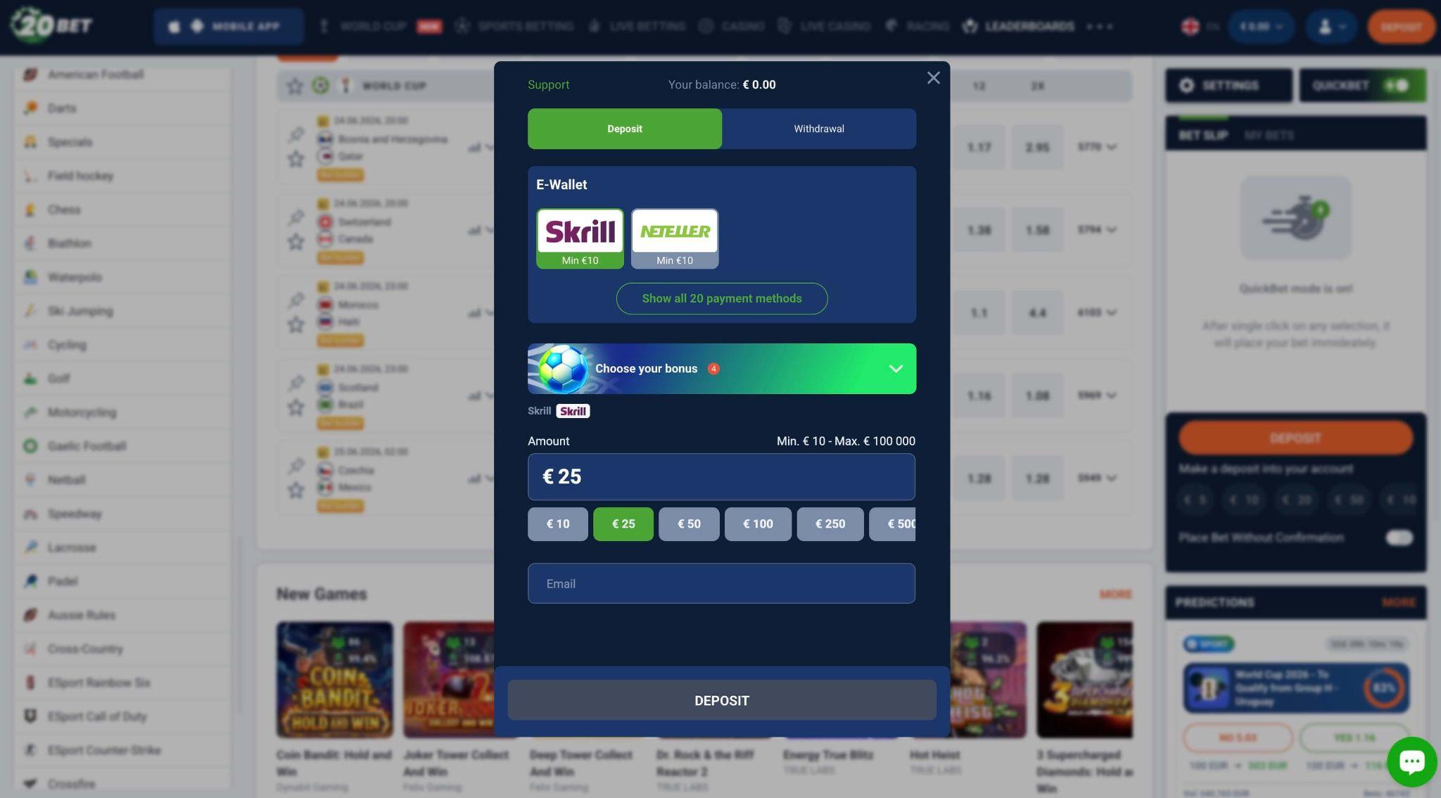 Skrill polog pri 20Bet za slovenske uporabnike