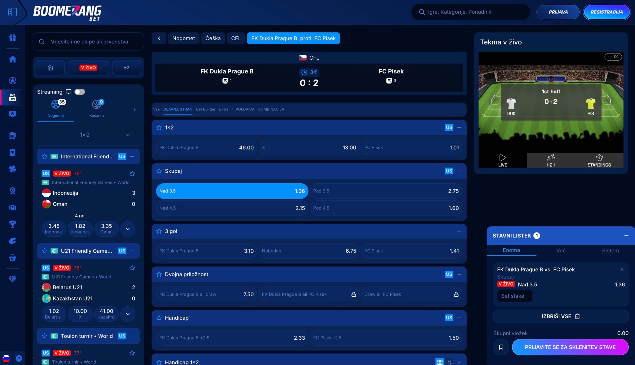 Boomerang Bet prikaz kvot in športnih trgov v živo