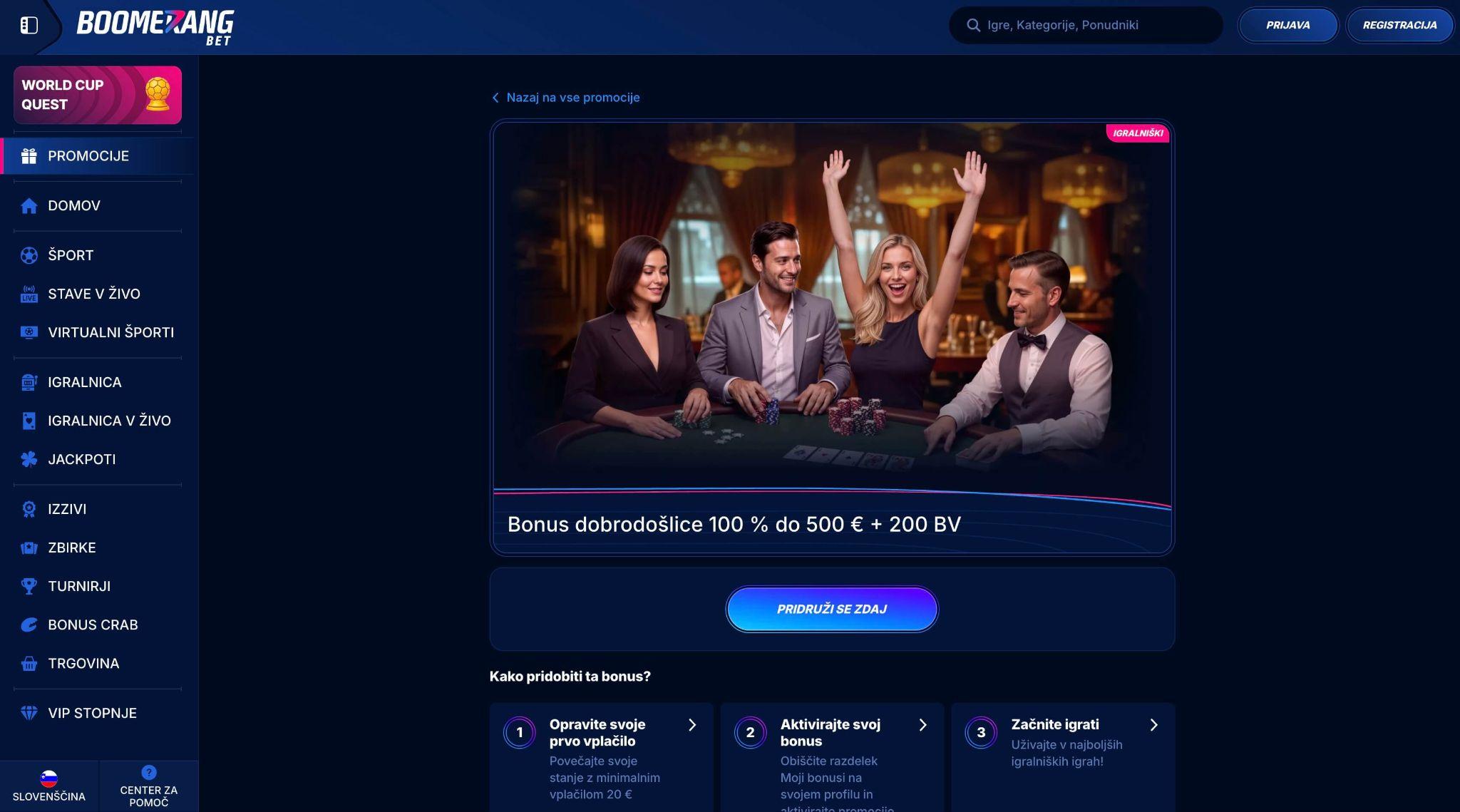 Boomerang Bet bonus dobrodošlice z do 500 € in 200 Brezplačnimi Vrtljaji v Sloveniji
