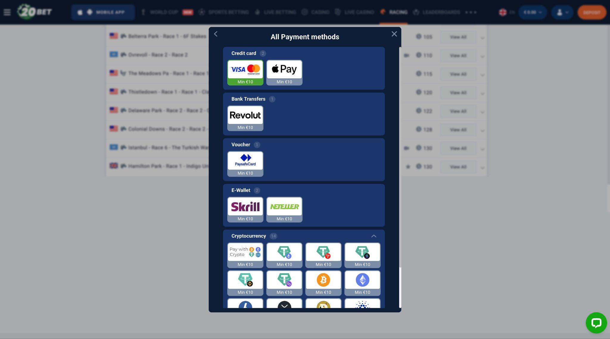 Apple Pay kot način plačila pri stavnici 20Bet za slovenske uporabnike.