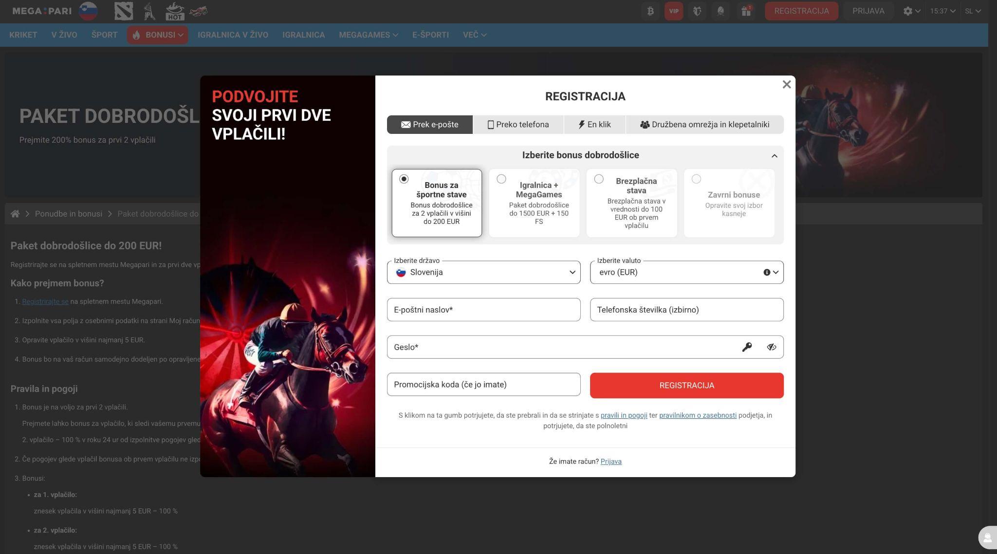 Registracija računa Megapari in aktivacija športnega bonusa