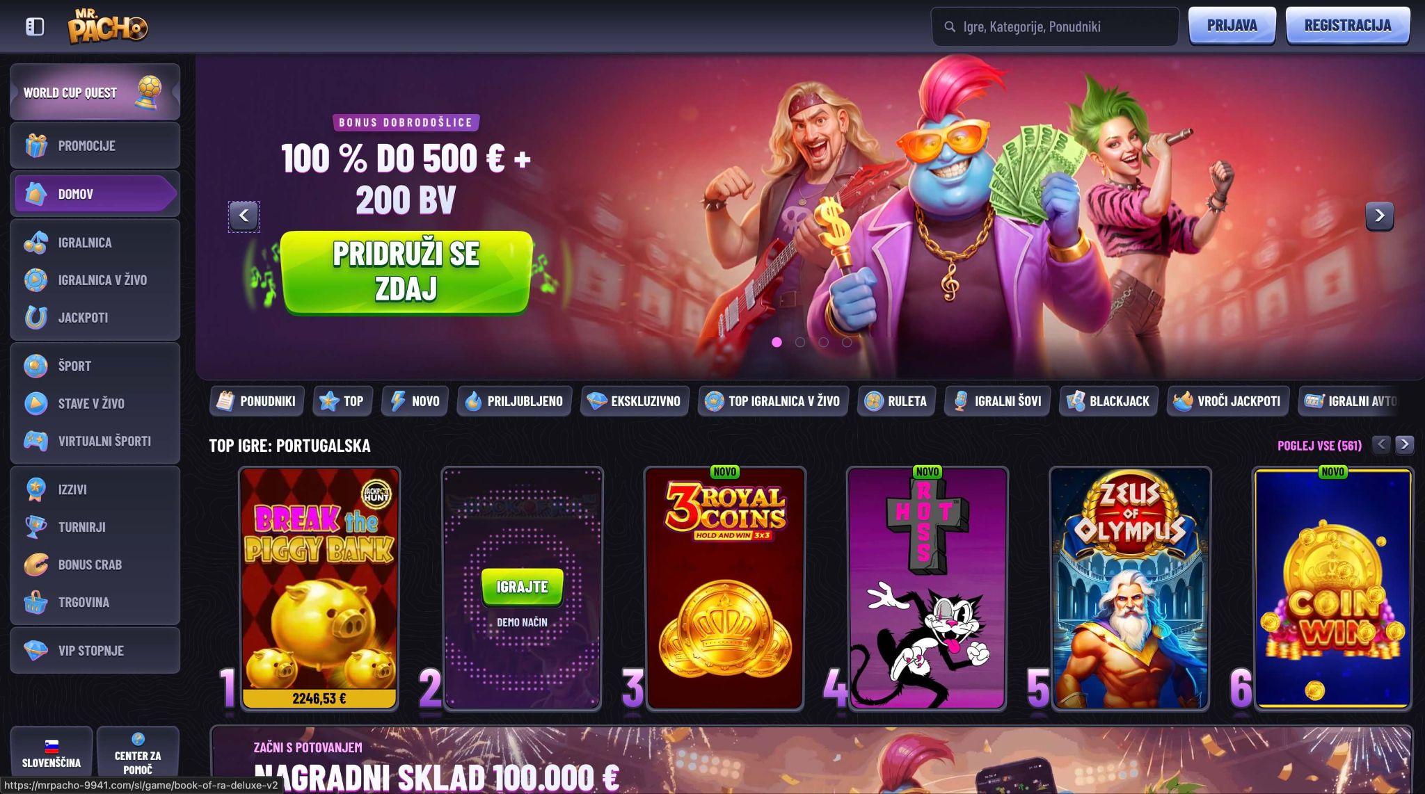 Domača stran Mr. Pacho Casino za slovenske igralce