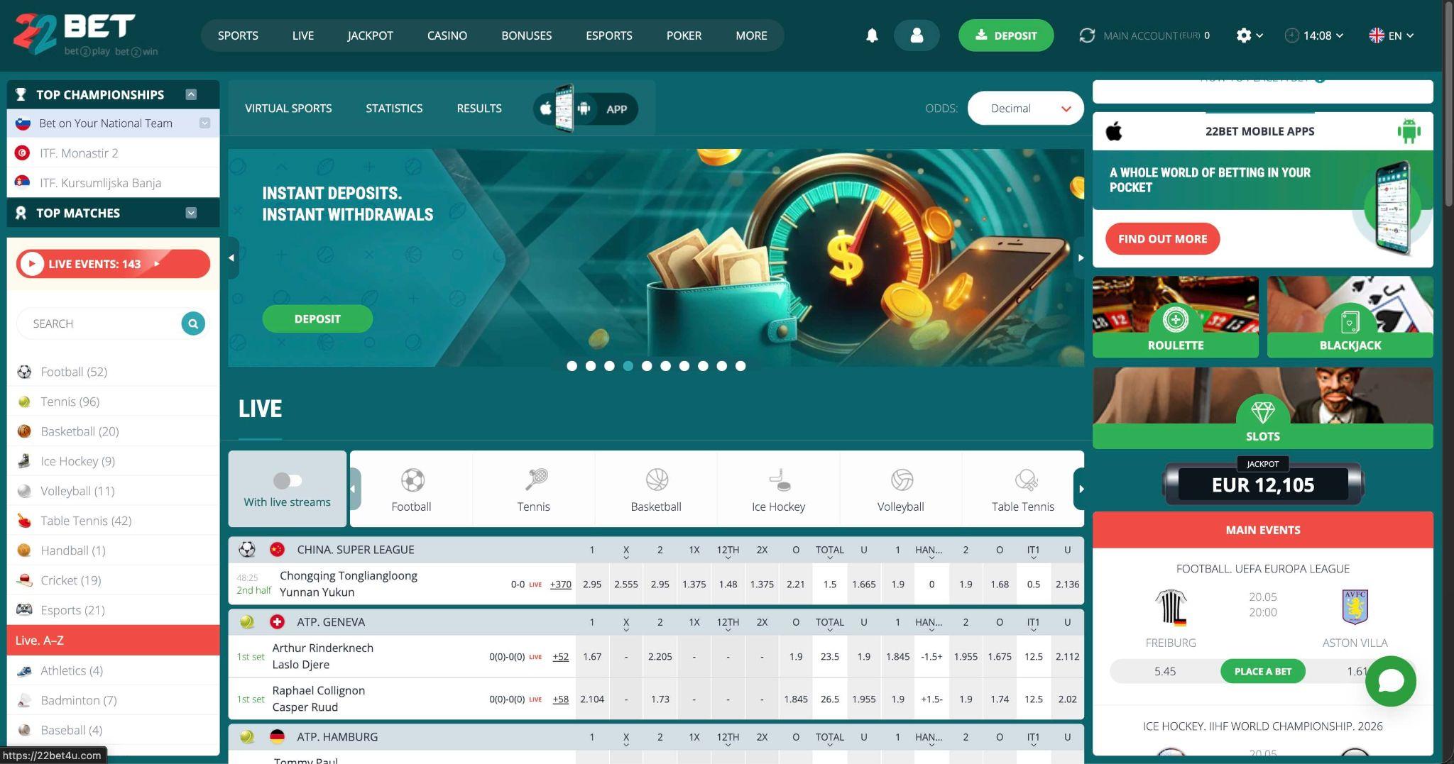 22Bet vmesnik za hitre depozite in izplačila pri spletnih športnih stavah