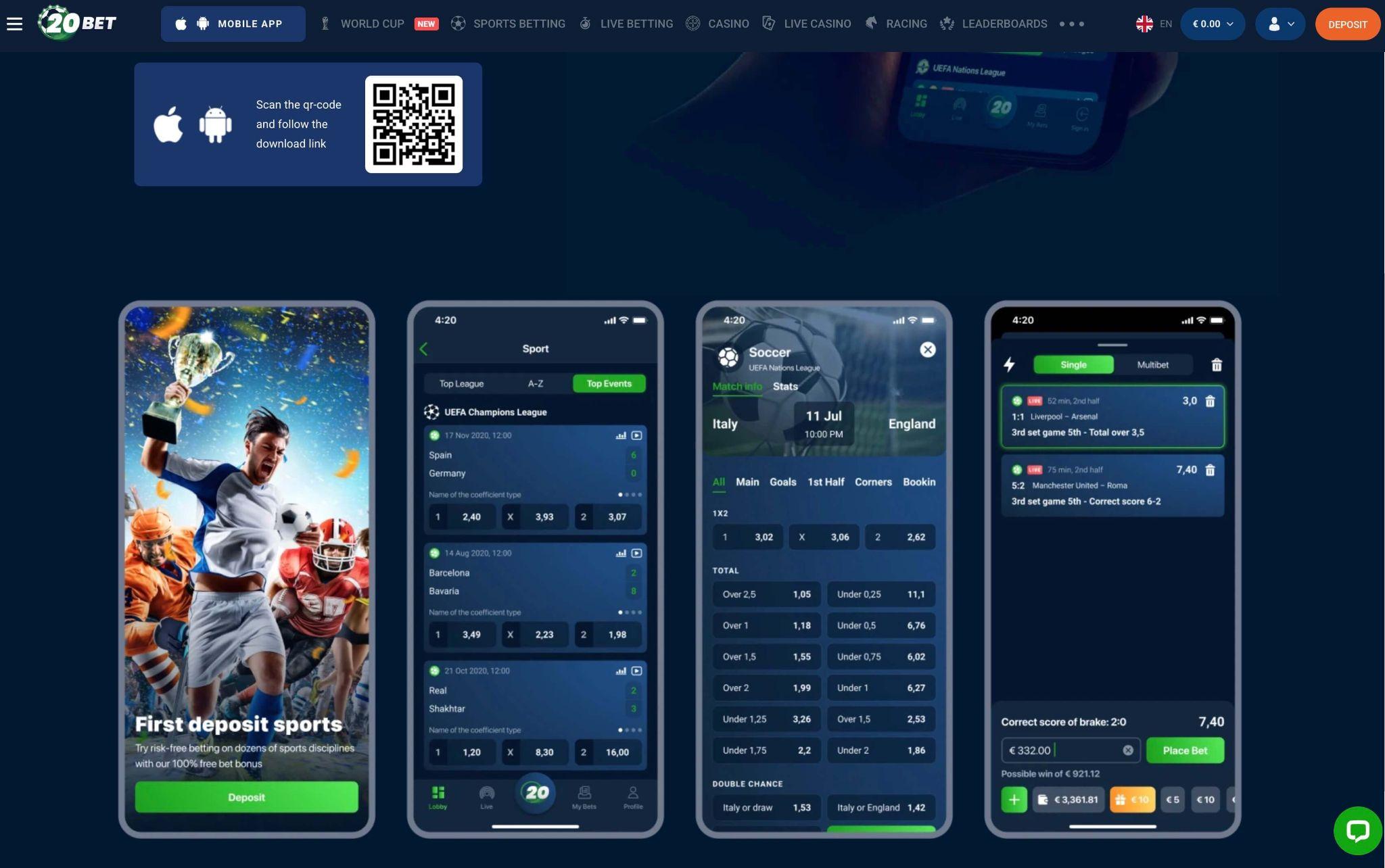 20Bet Android aplikacija za športne stave z mobilnim vmesnikom, kvotami v živo in stavnim listkom