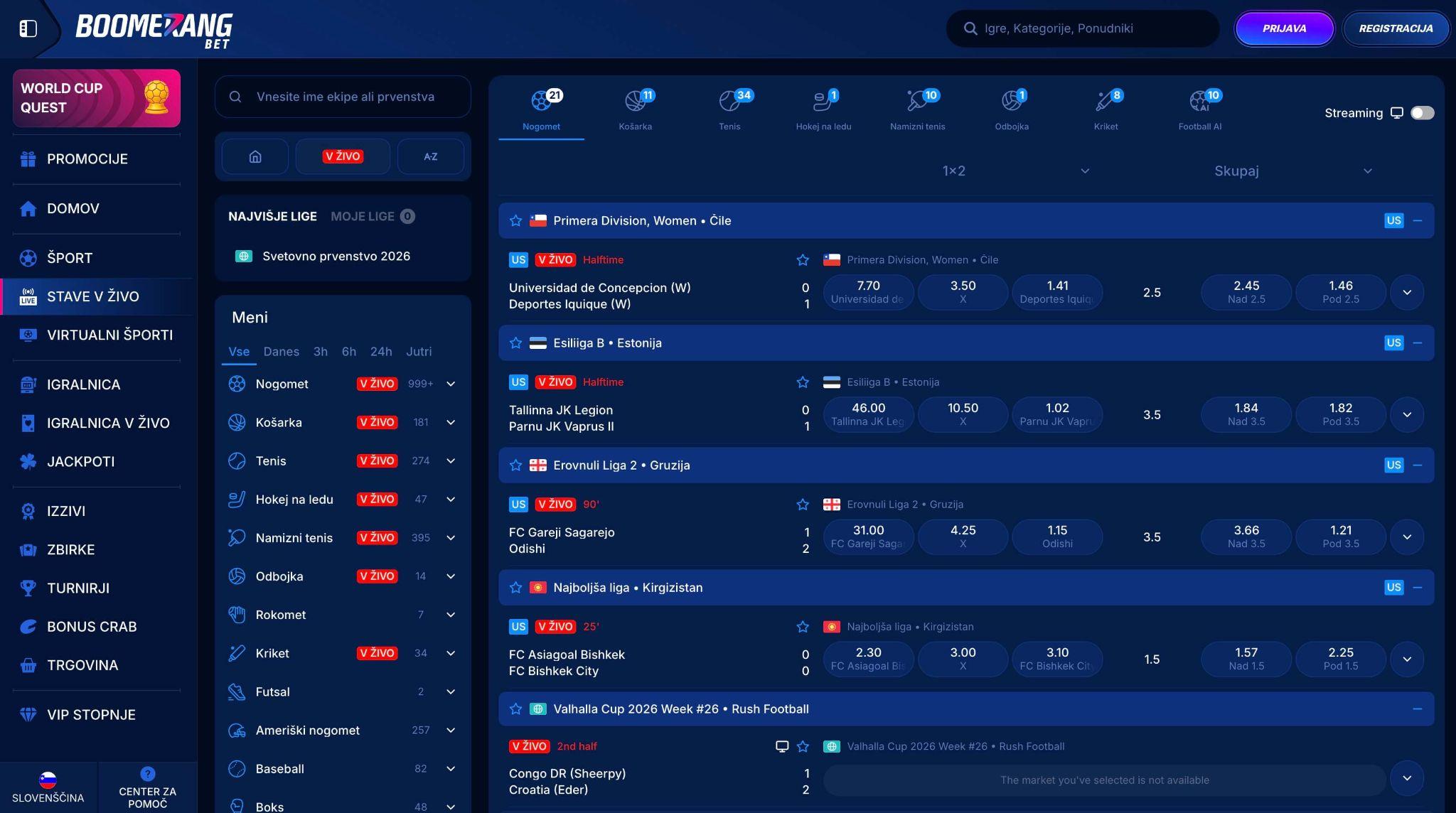 Boomerang Bet stave v živo s sprotnim posodabljanjem kvot