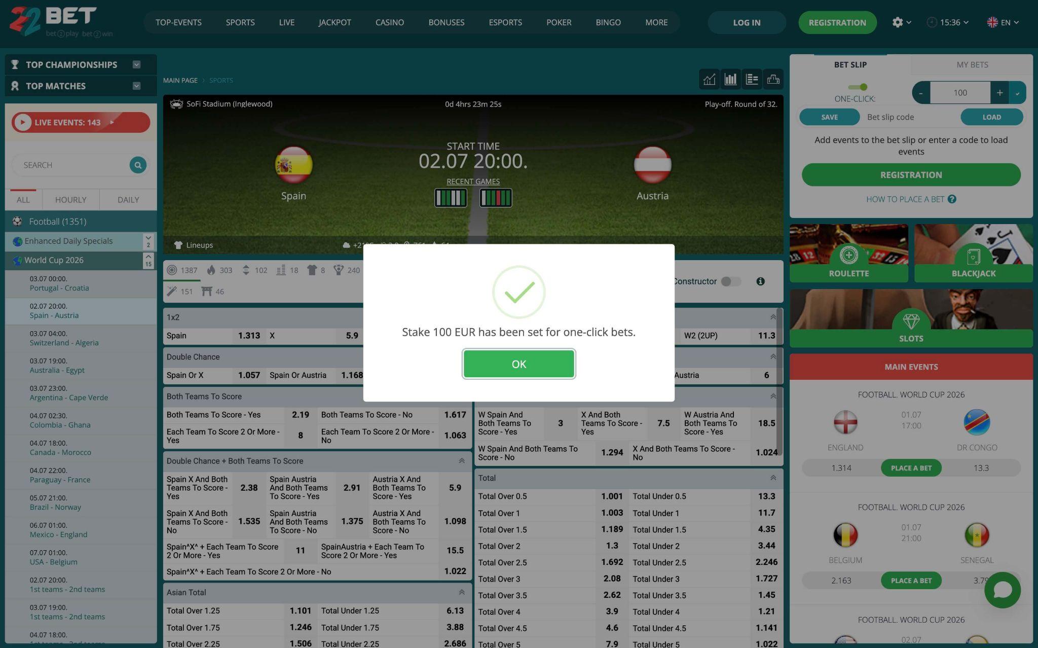 Nastavitev enokliknega stavljenja pri športnih stavah v 22Bet
