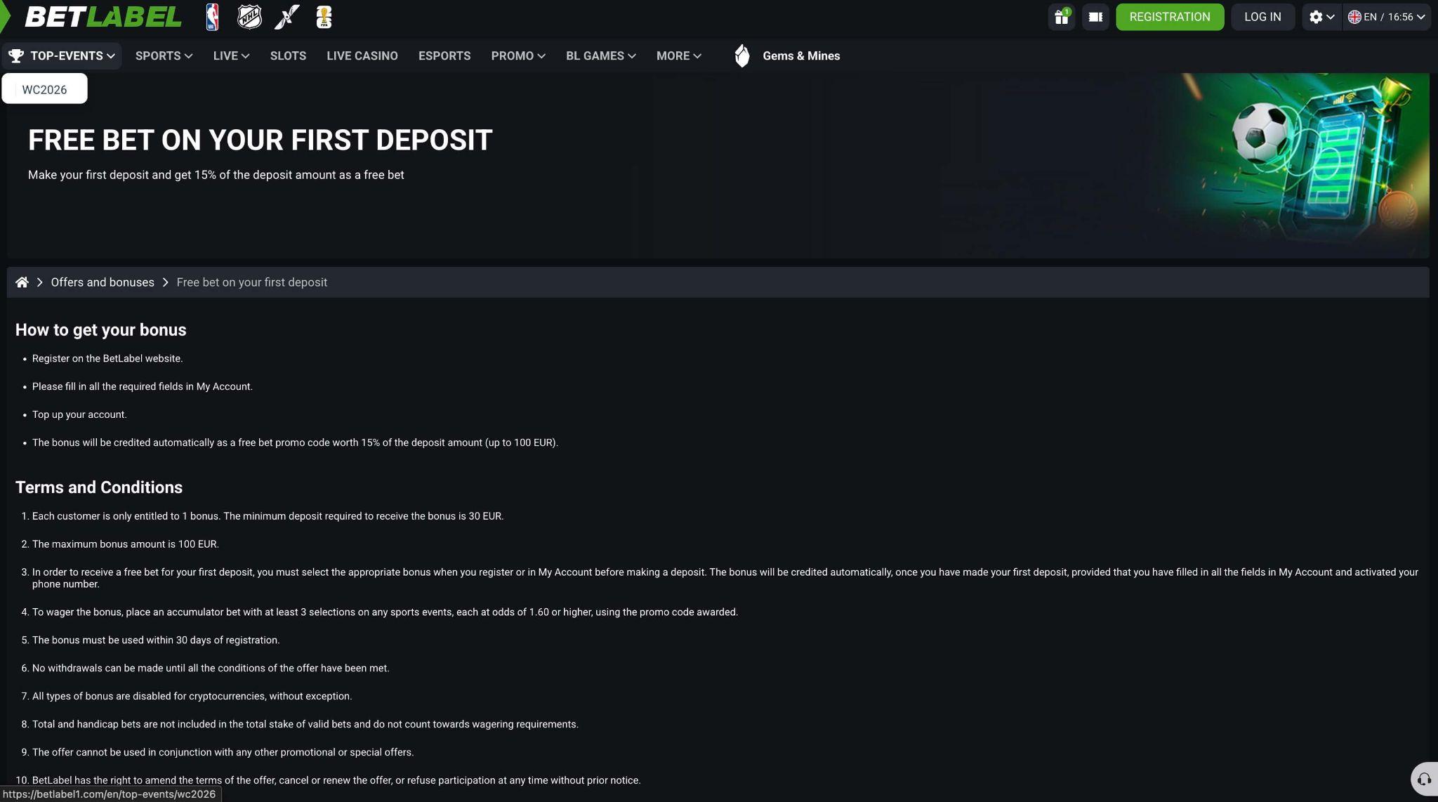 Betlabel Free Bet promocija za prvi depozit pri športnih stavah