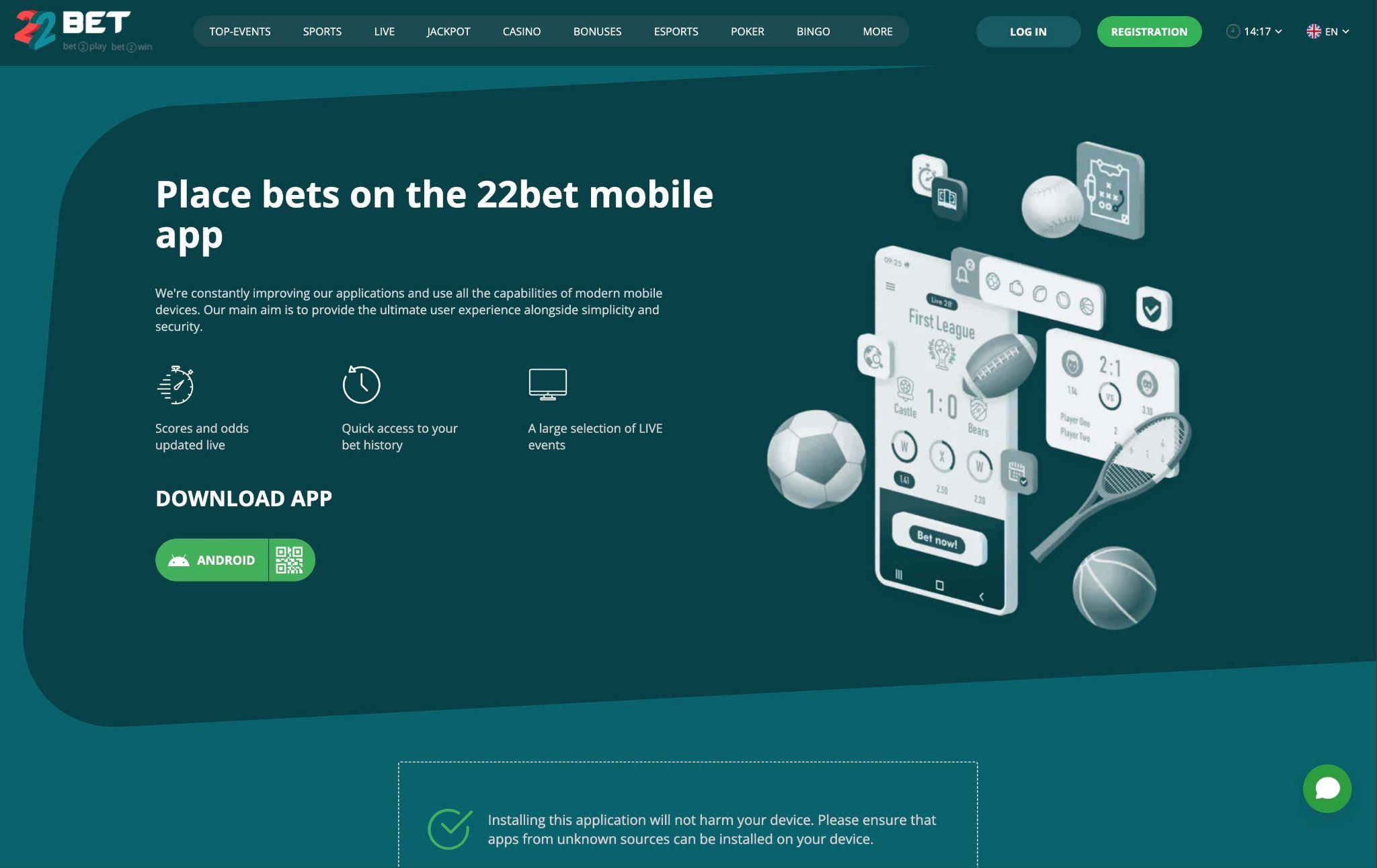 22Bet Android aplikacija za športne stave z možnostjo prenosa in mobilnim uporabniškim vmesnikom