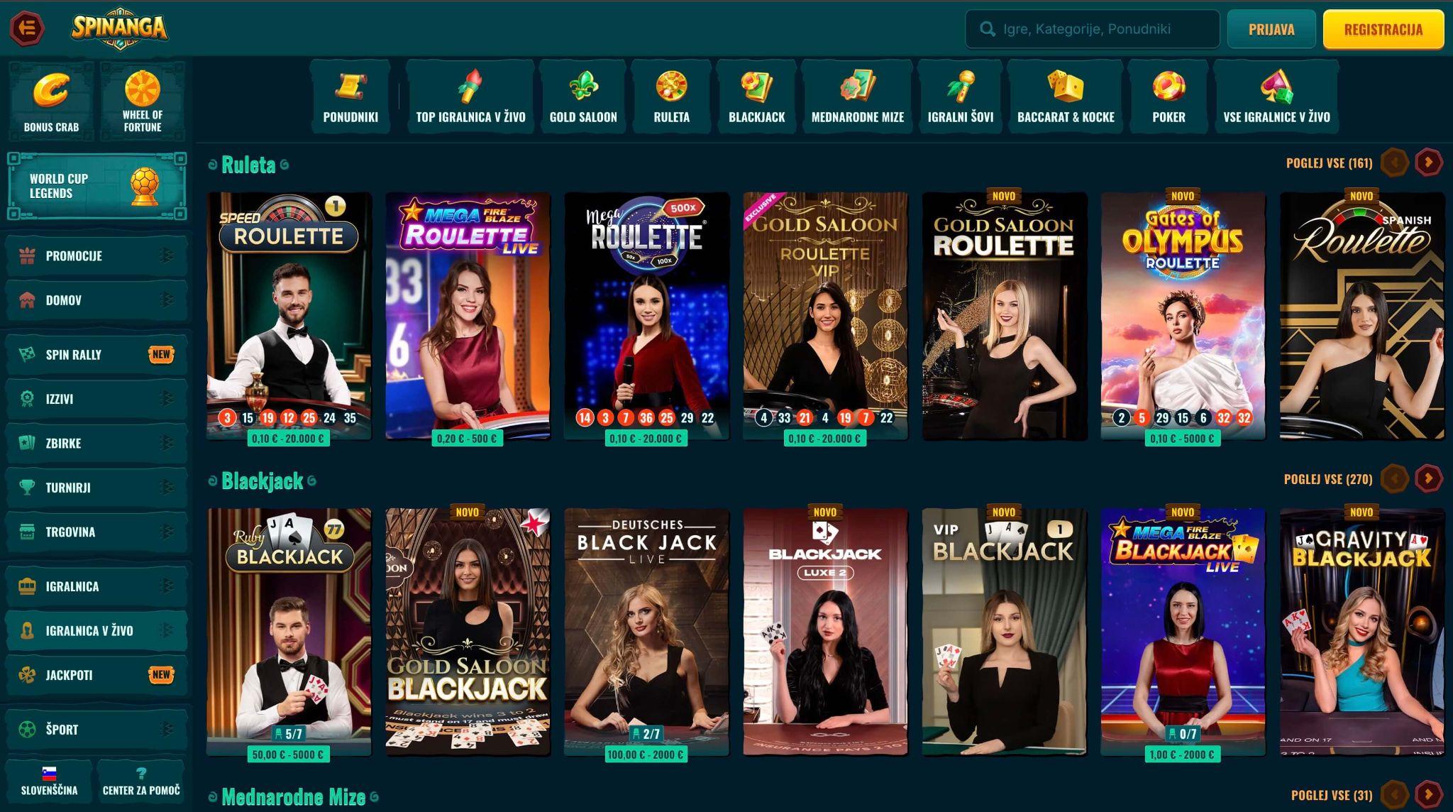 Live casino igre in namizne igre pri Spinanga