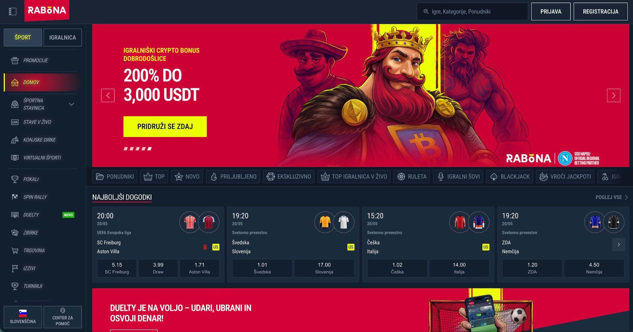 Rabona vmesnik za kripto športne stave in uporabo digitalnih valut pri depozitih