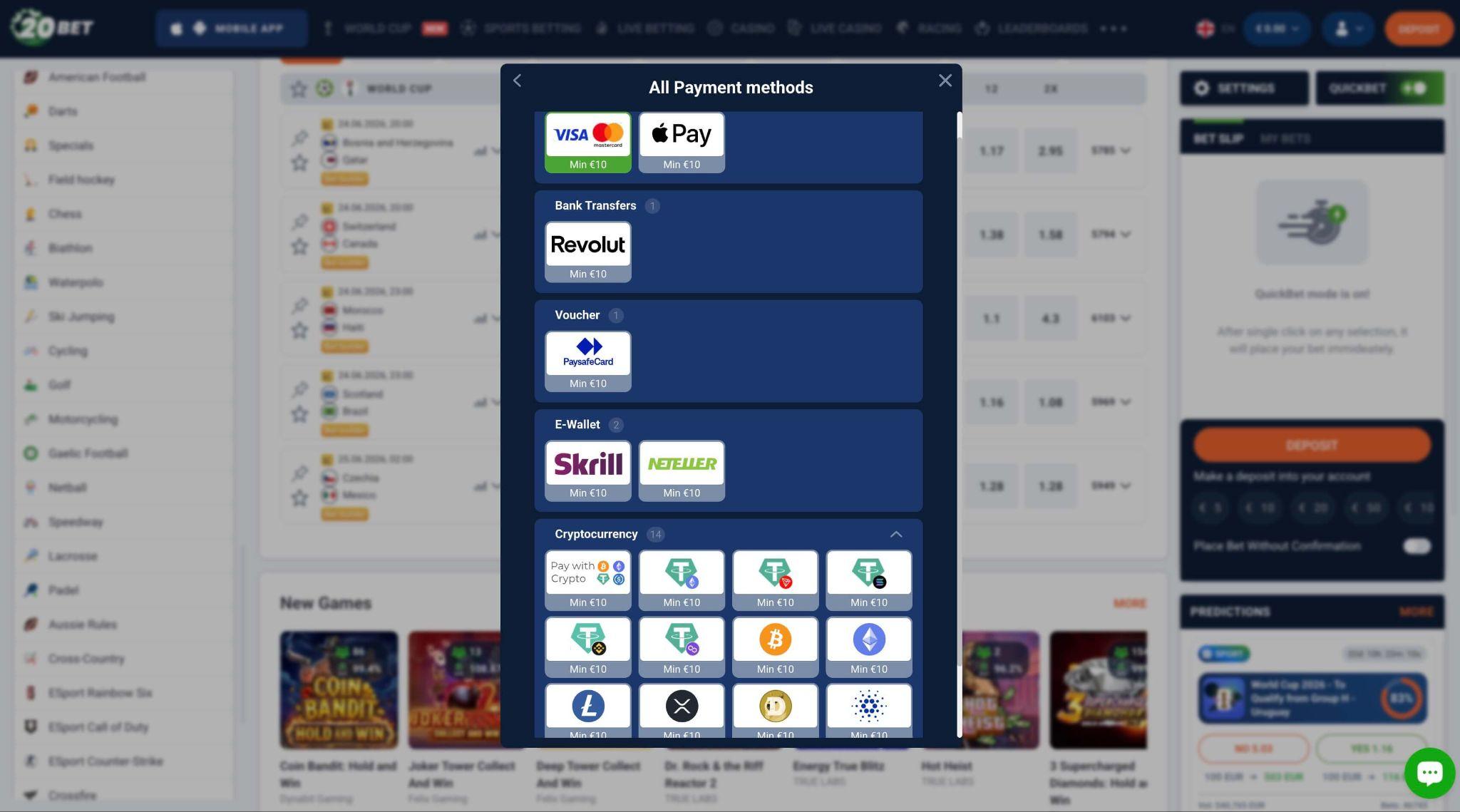 Paysafecard kot način vplačila pri 20Bet z minimalnim depozitom 10 €.