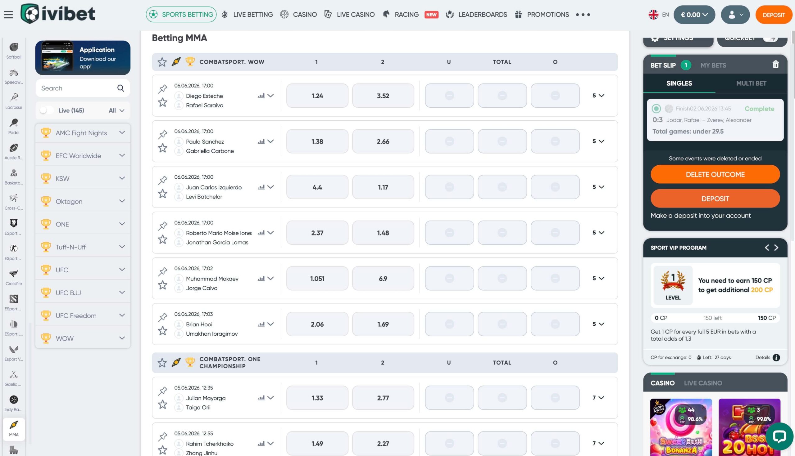 Ivibet MMA betting platform z UFC borbami, kvotami za zmagovalca in dodatnimi stavnimi možnostmi