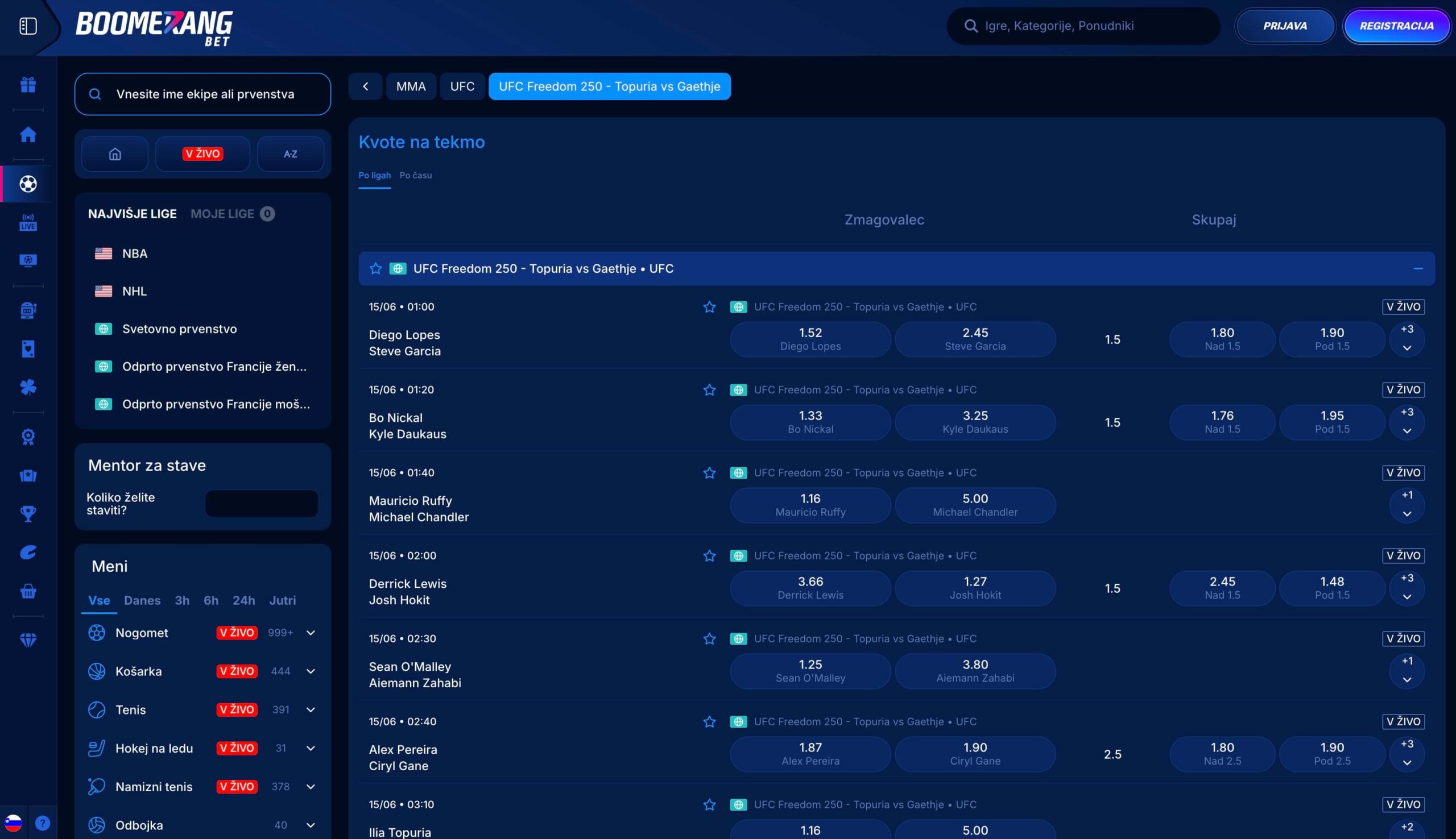 Boomerang Bet UFC stave in MMA kvote za največje borbe z več stavnimi možnostmi za slovenske igralce