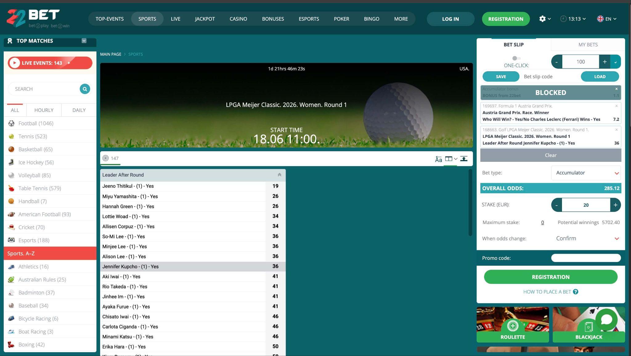 22Bet LPGA golf stave z naprednimi trgi za vodstvo po rundi in turnirske rezultate