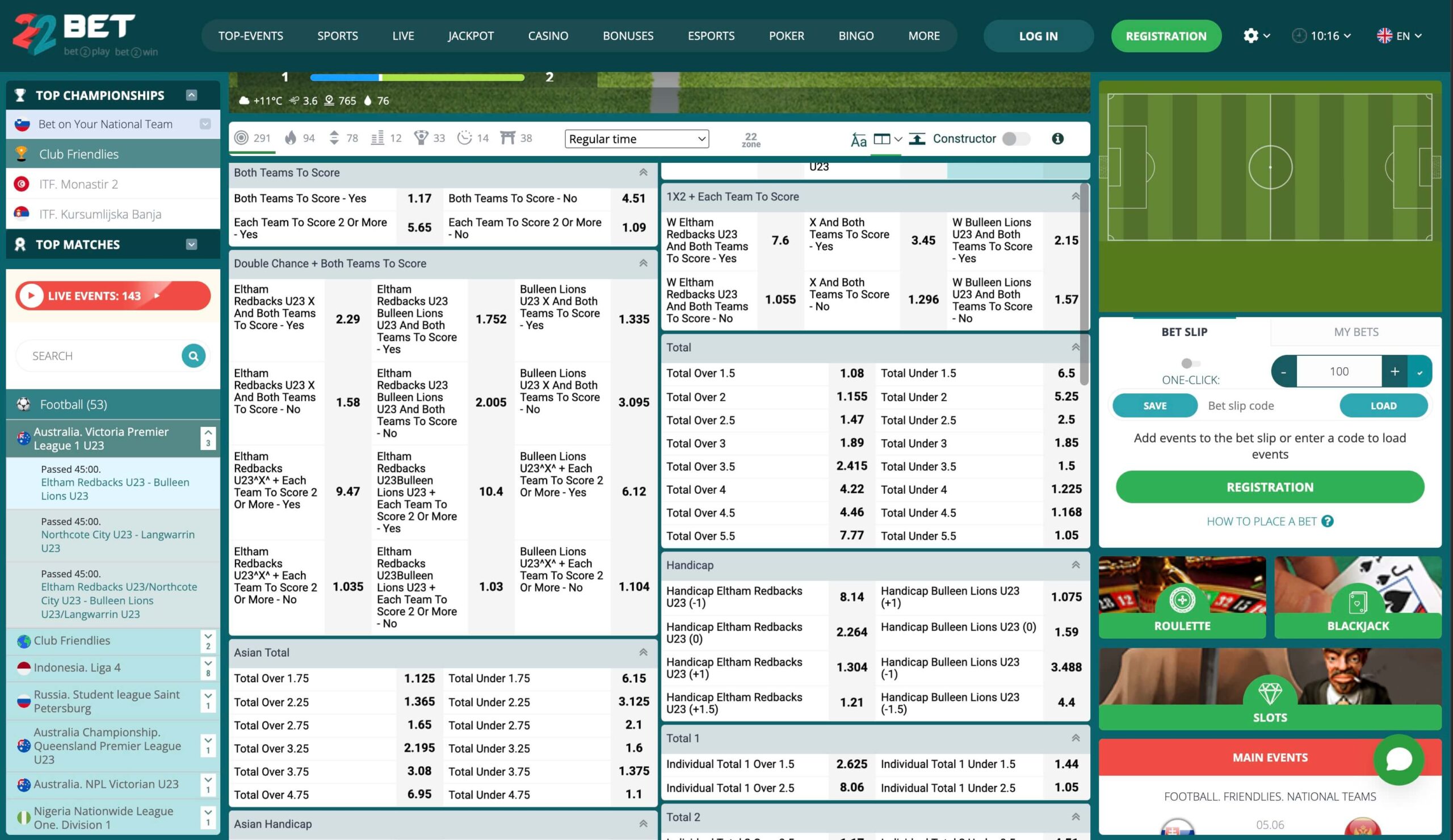 22Bet stave na gole z BTTS trgom in ponudbo over under kvot