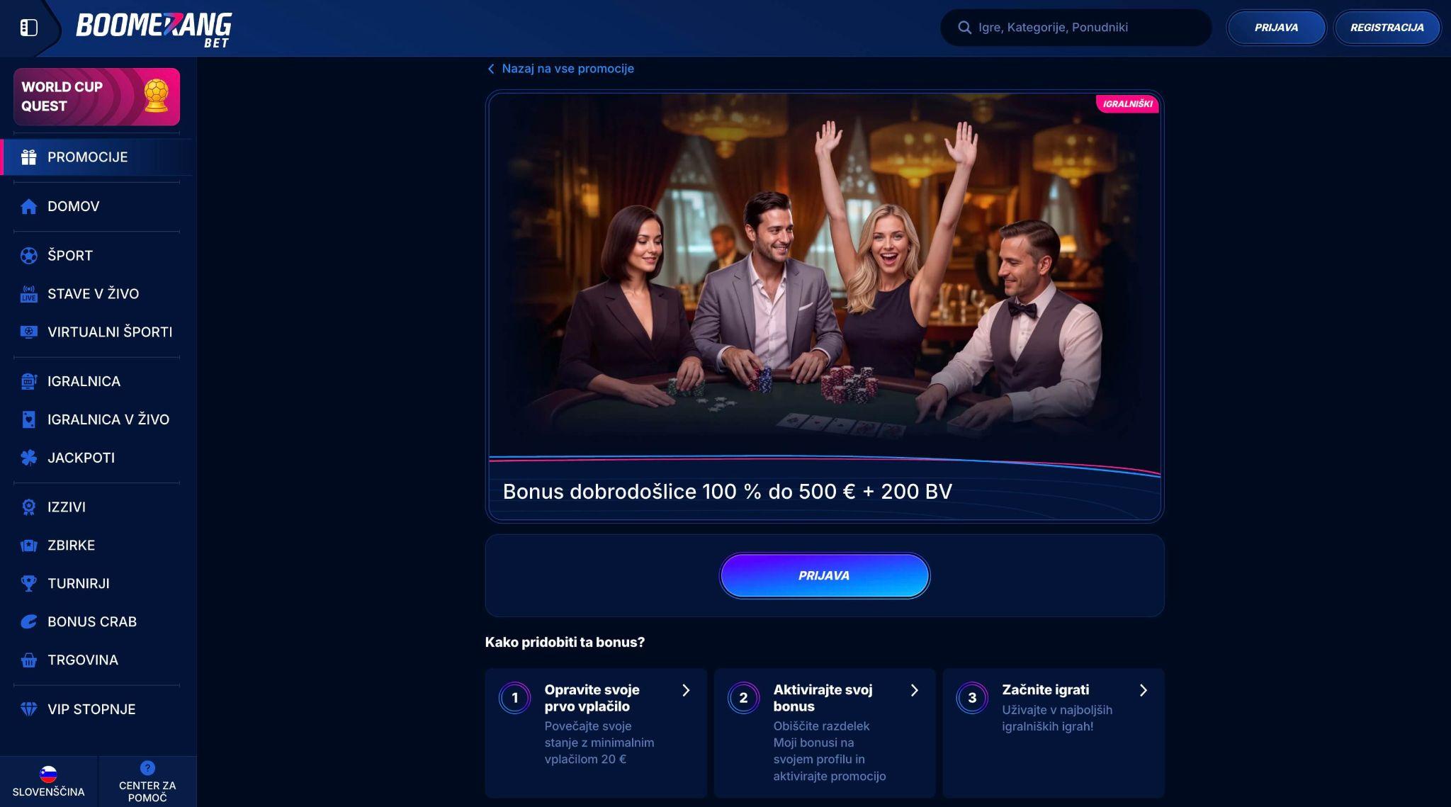 Boomerang Bet homepage z bonusom do 500 evrov in 200 brezplačnimi vrtljaji za slovenske igralce