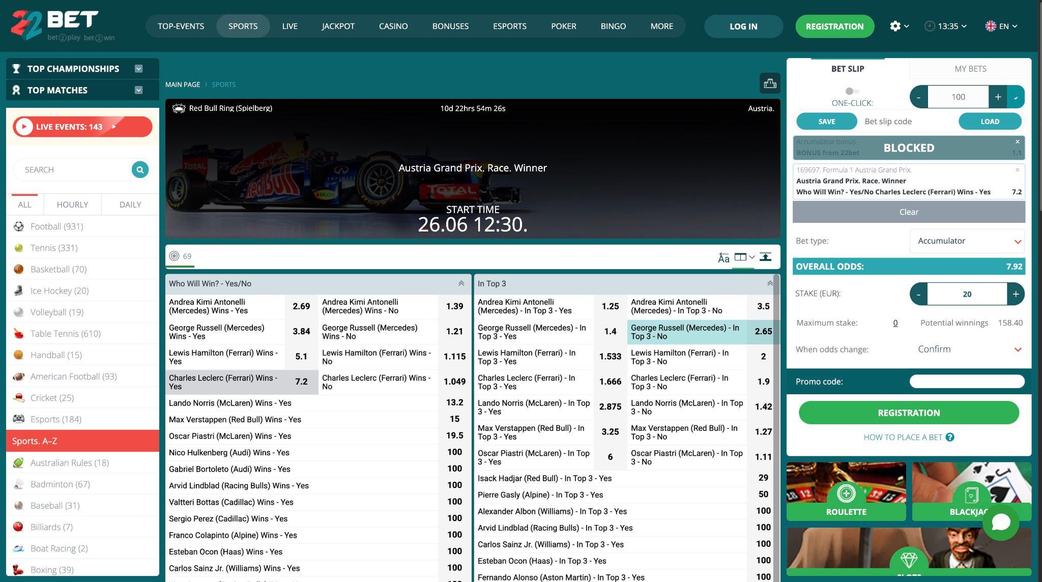 22Bet Formula 1 stave na Veliko nagrado Avstrije z obsežno ponudbo F1 trgov