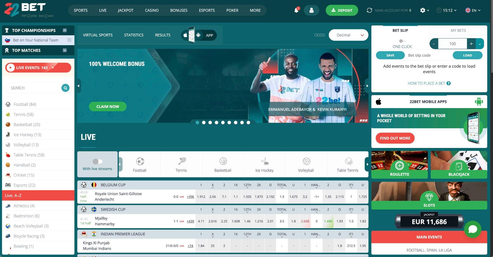 Vmesnik 22Bet za športne stave s kvotami, športnimi trgi in pregledom glavnih funkcij platforme