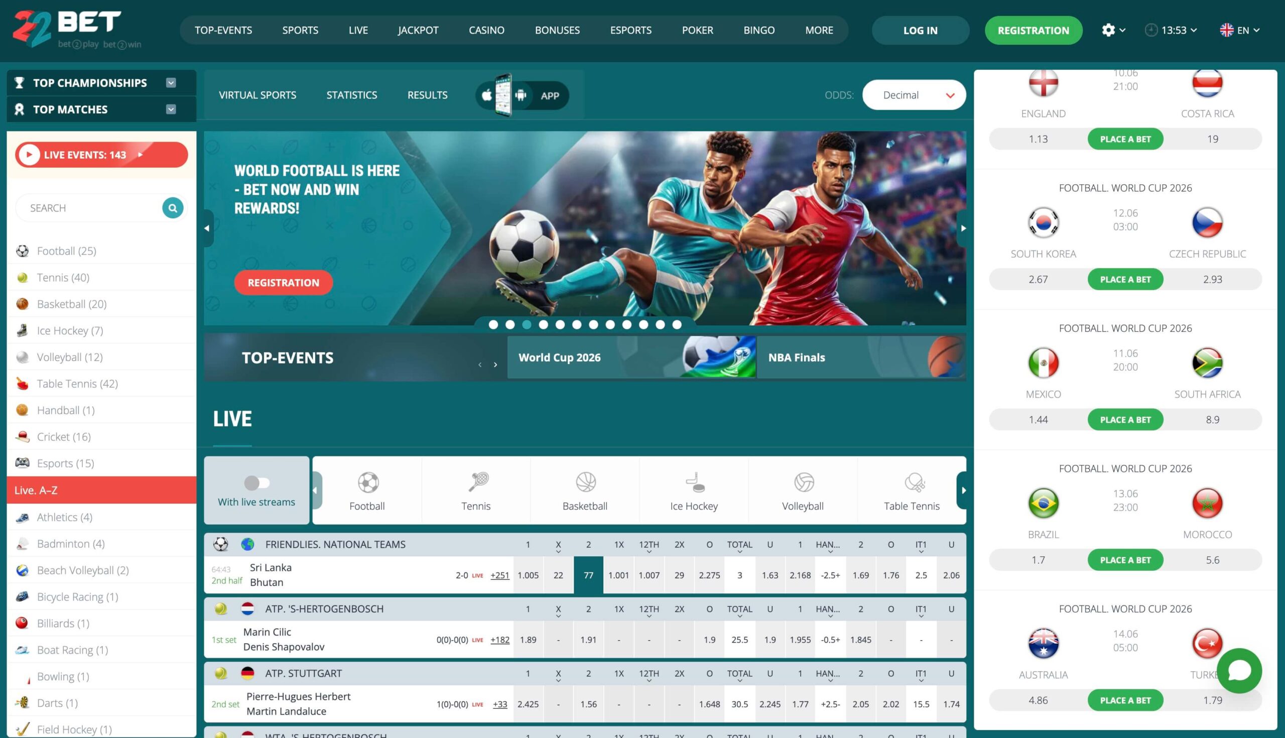 22Bet nogometne stave z obsežno ponudbo lig, tekem in stavnih trgov