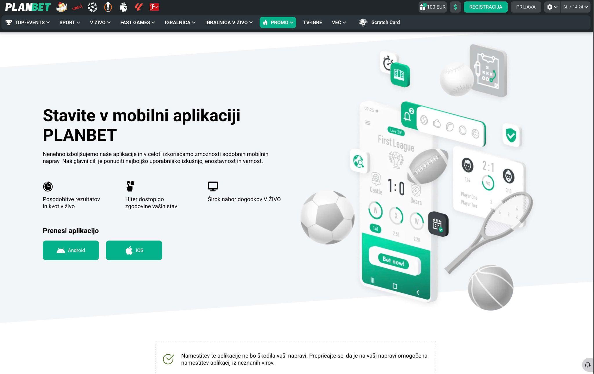 Planbet Android aplikacija za športne stave z mobilnim vmesnikom in stavami v živo