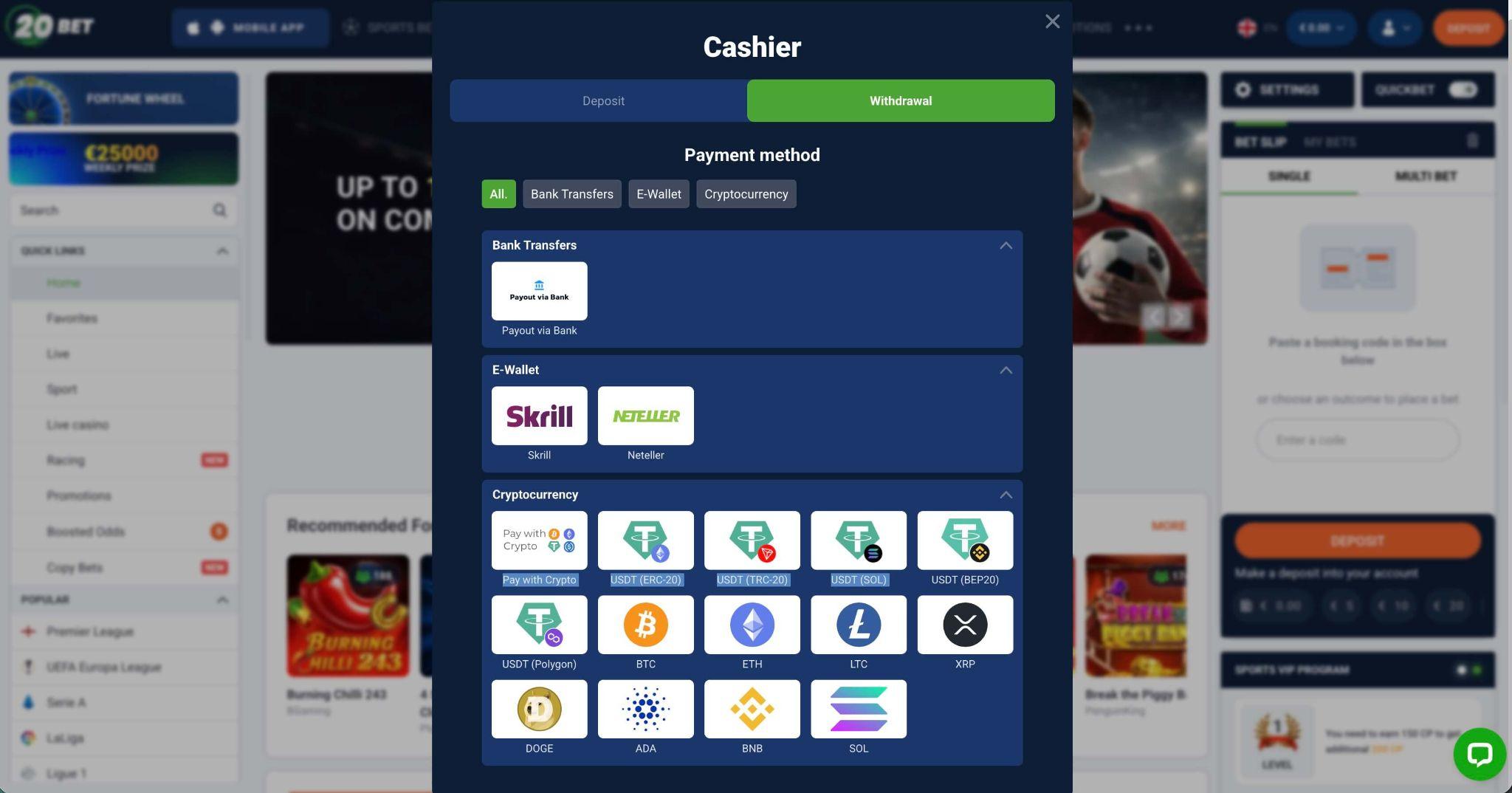 20Bet podpira Bitcoin, USDT, Ethereum in druge kriptovalute za depozite pri športnih stavah