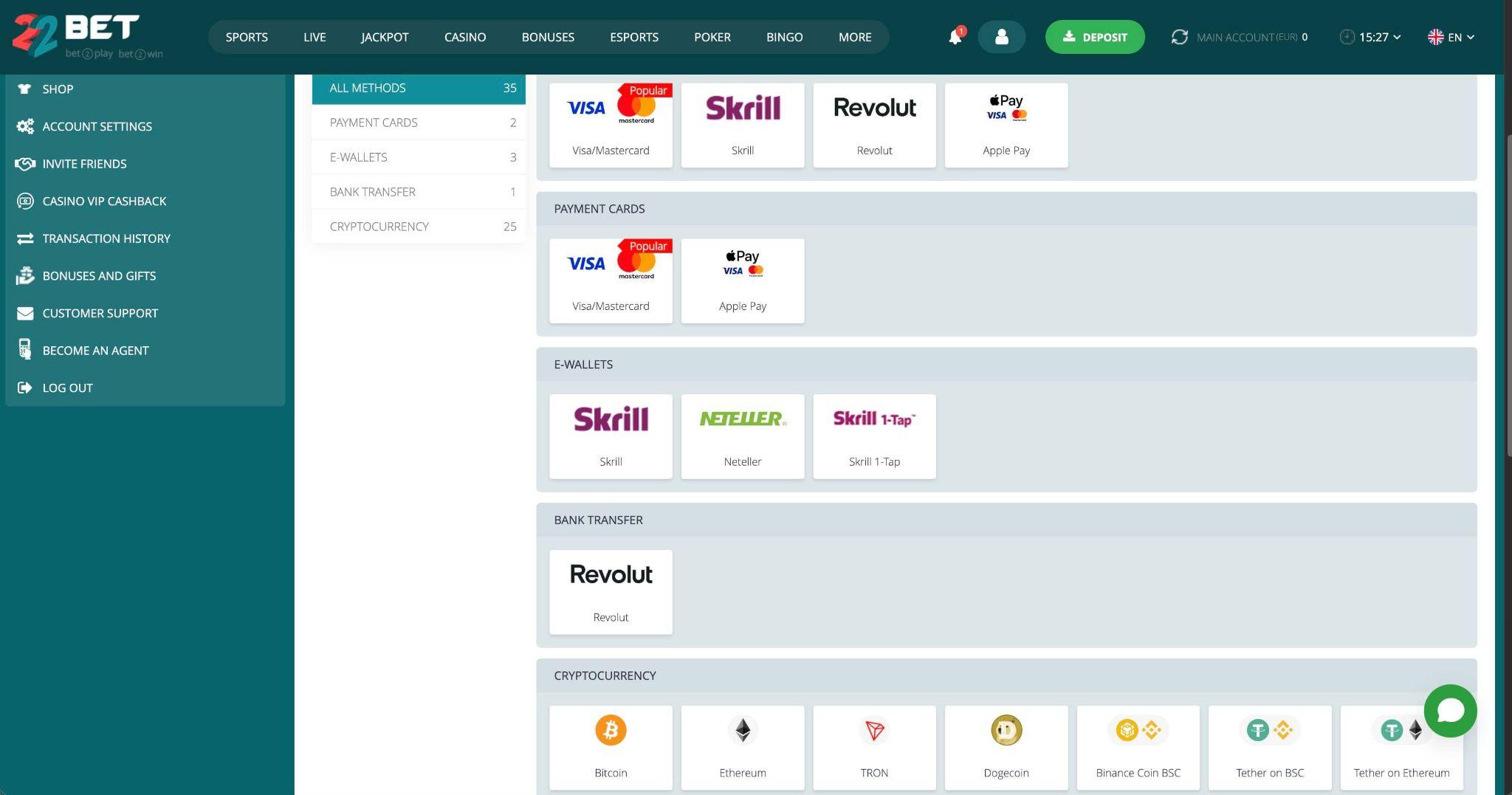 Načini plačila pri 22Bet z Visa, Skrill, Neteller, Revolut in podporo za kriptovalute