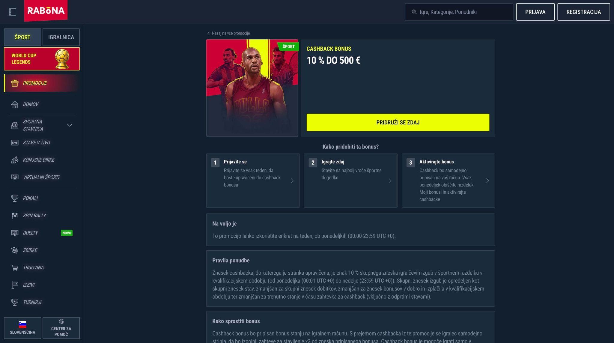 Rabona cashback bonus za športne stave v Sloveniji z 10 % povračila izgub.
