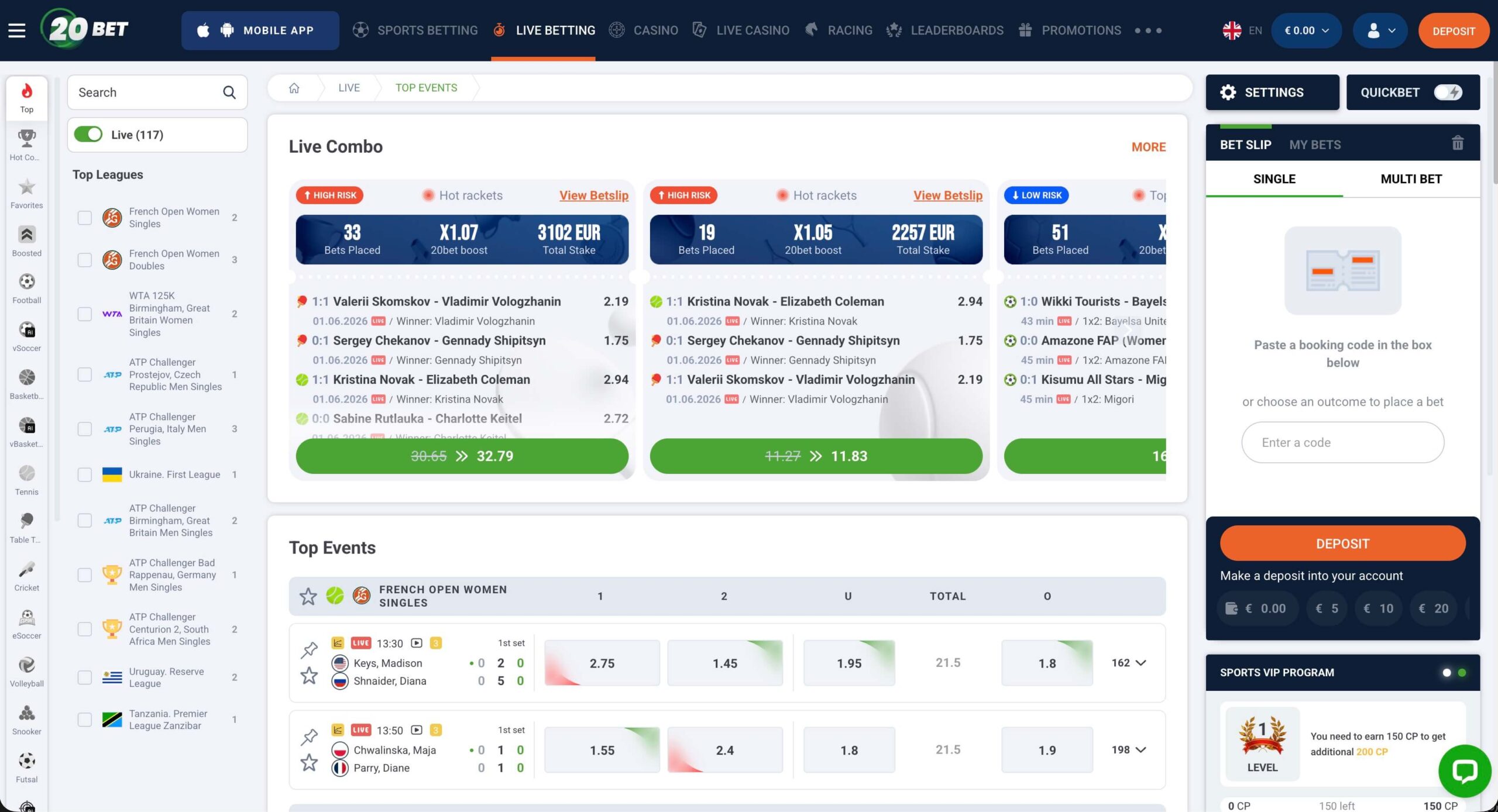 20Bet platforma za stave v živo z glavnimi športnimi dogodki, kombiniranimi stavami in kvotami.