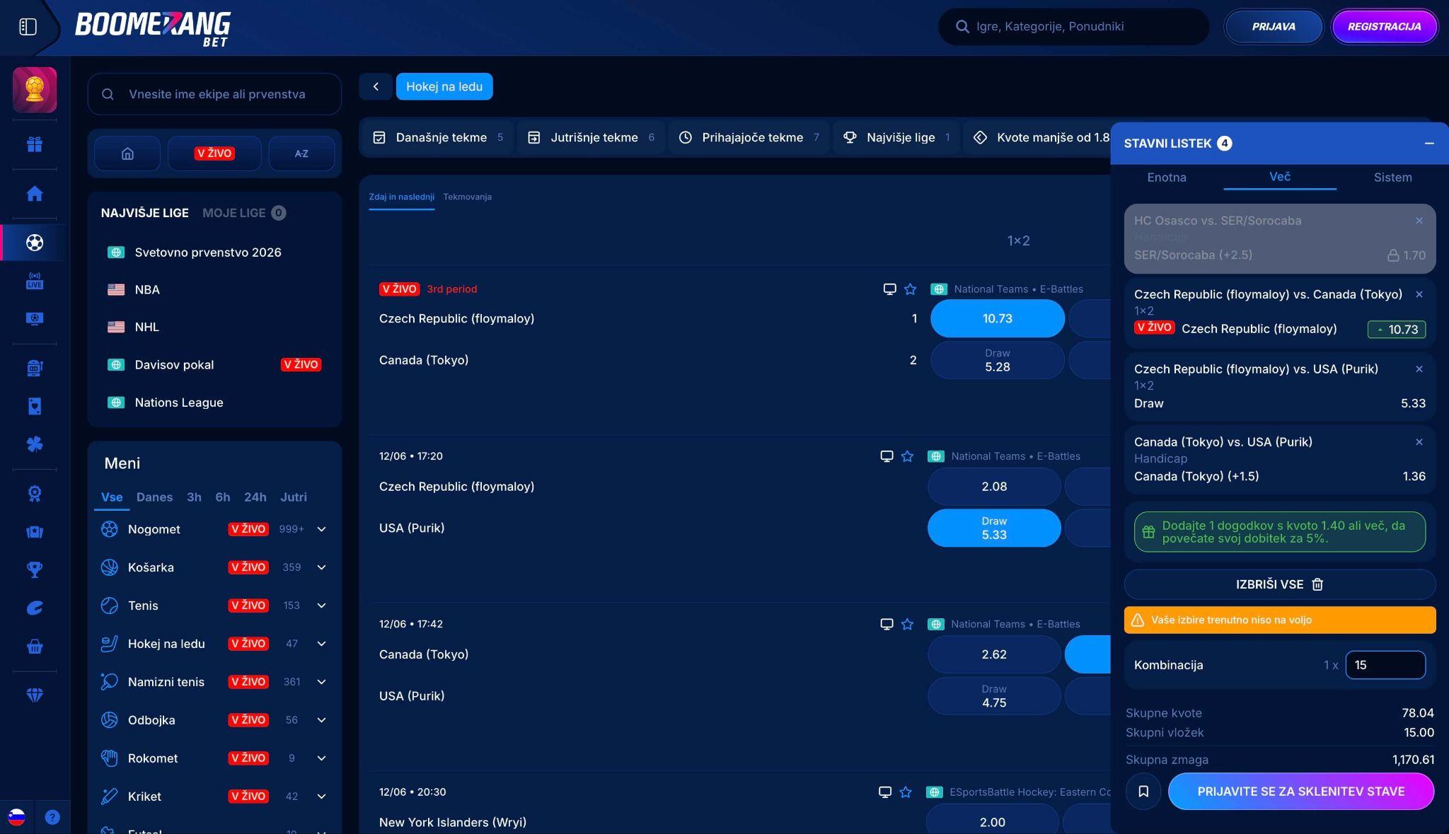 Boomerang Bet stave na hokej na ledu z mednarodnimi ligami in live kvotami