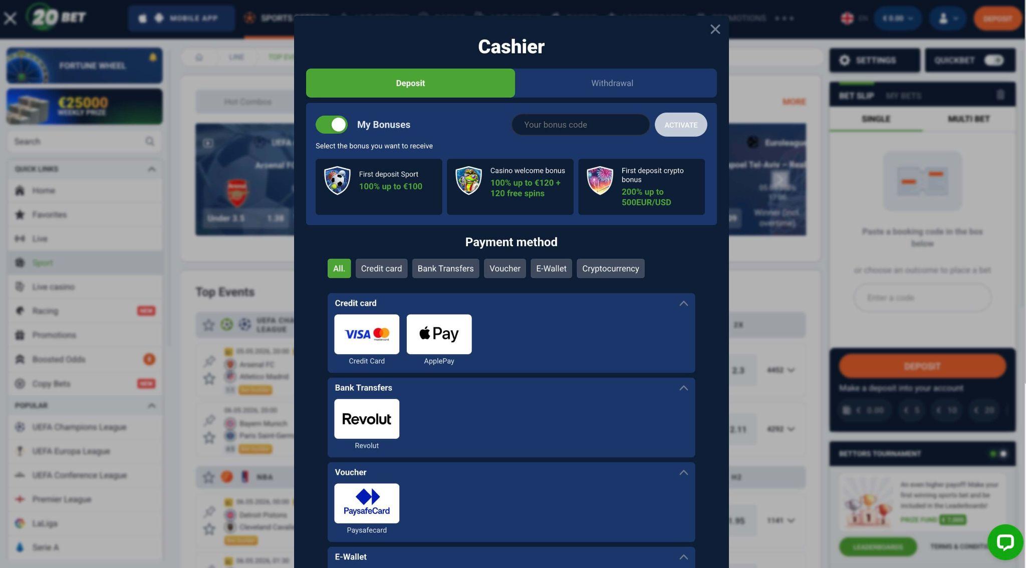 20Bet plačila Skrill Neteller Revolut in kriptovalute