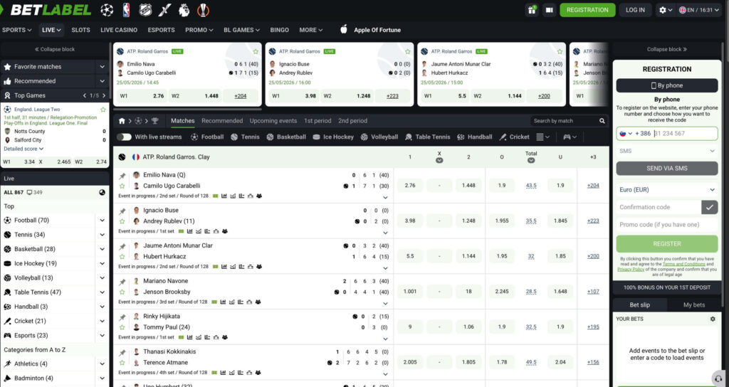 BetLabel stave v živo z nogometnimi, teniškimi in košarkarskimi trgi ter preglednim live vmesnikom