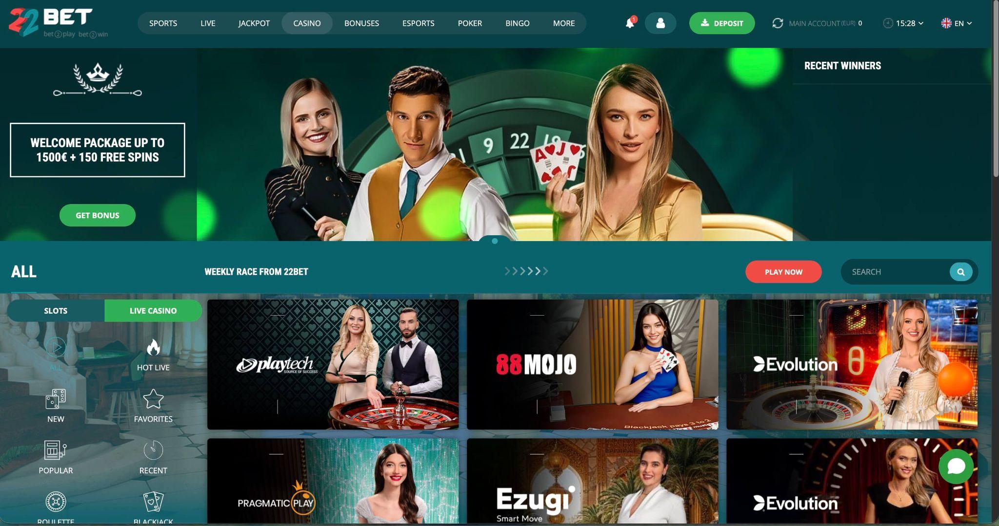 Kazino pri 22Bet z igrami v živo, sloti in ponudniki Evolution, Playtech ter drugimi live casino igrami