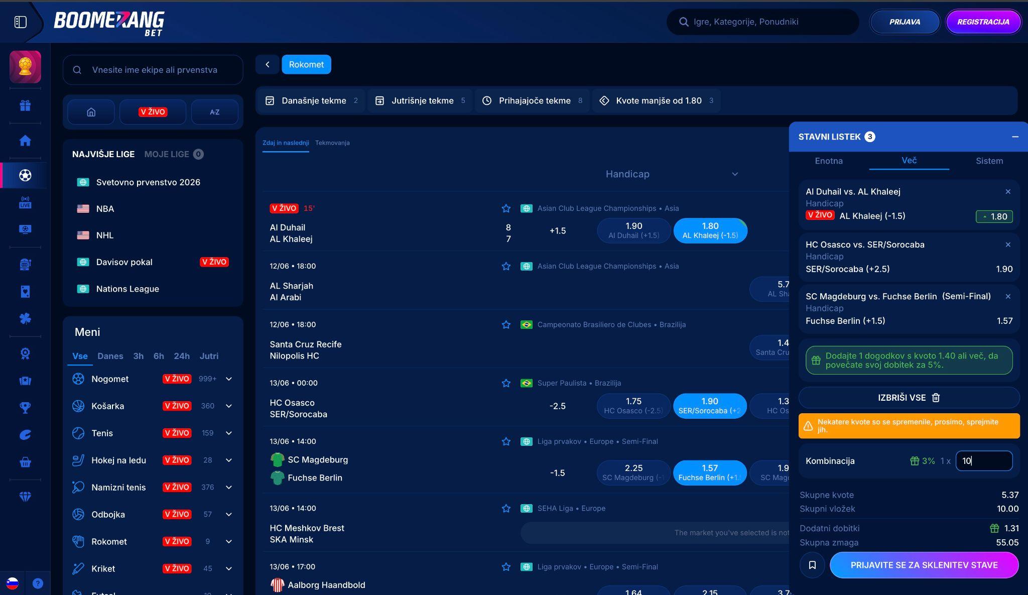 Boomerang Bet rokometne stave v Sloveniji s stavami v živo, hendikepi in skupnimi goli