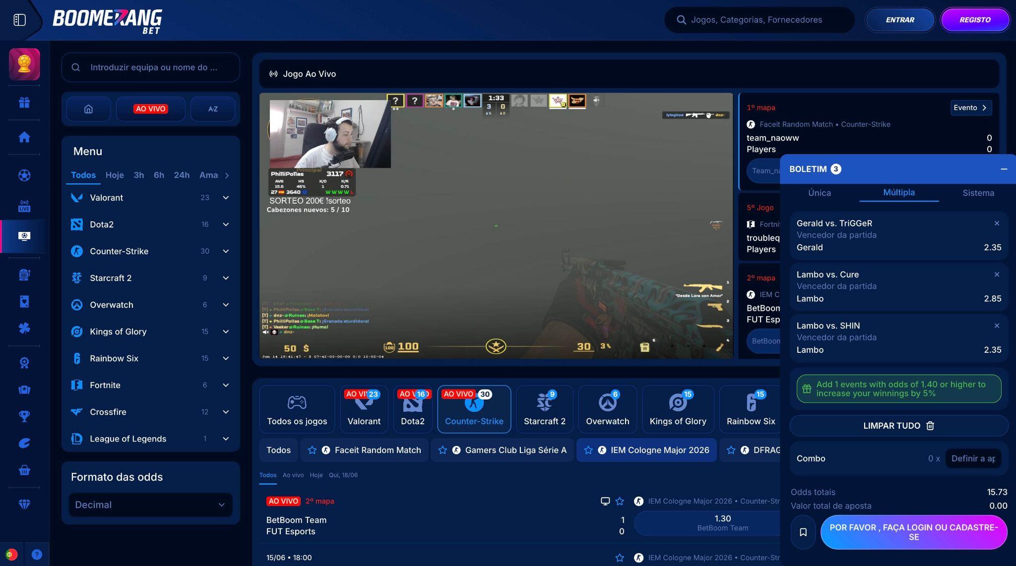 Boomerang Bet e-šport stave v živo na Counter-Strike z več e-športnimi naslovi na voljo