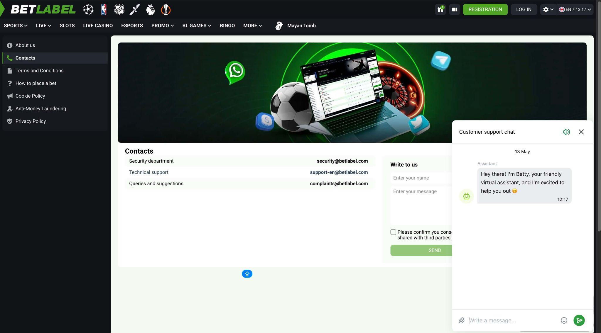 BetLabel podpora uporabnikom, kontaktni podatki, pomoč igralcem in komunikacijski kanali platforme