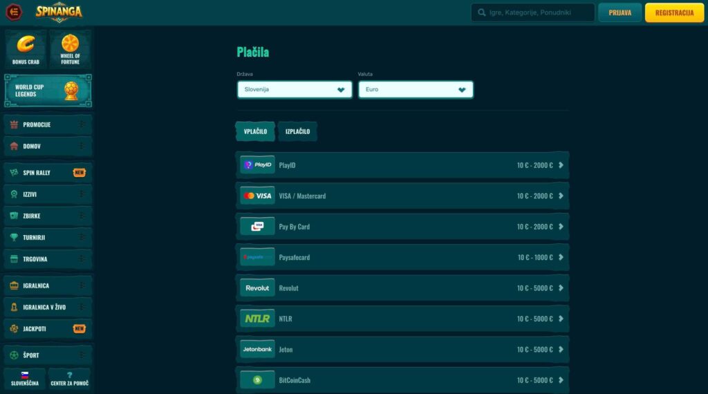 Možnosti plačila Visa in Mastercard v casinoju Spinanga za slovenske igralce.