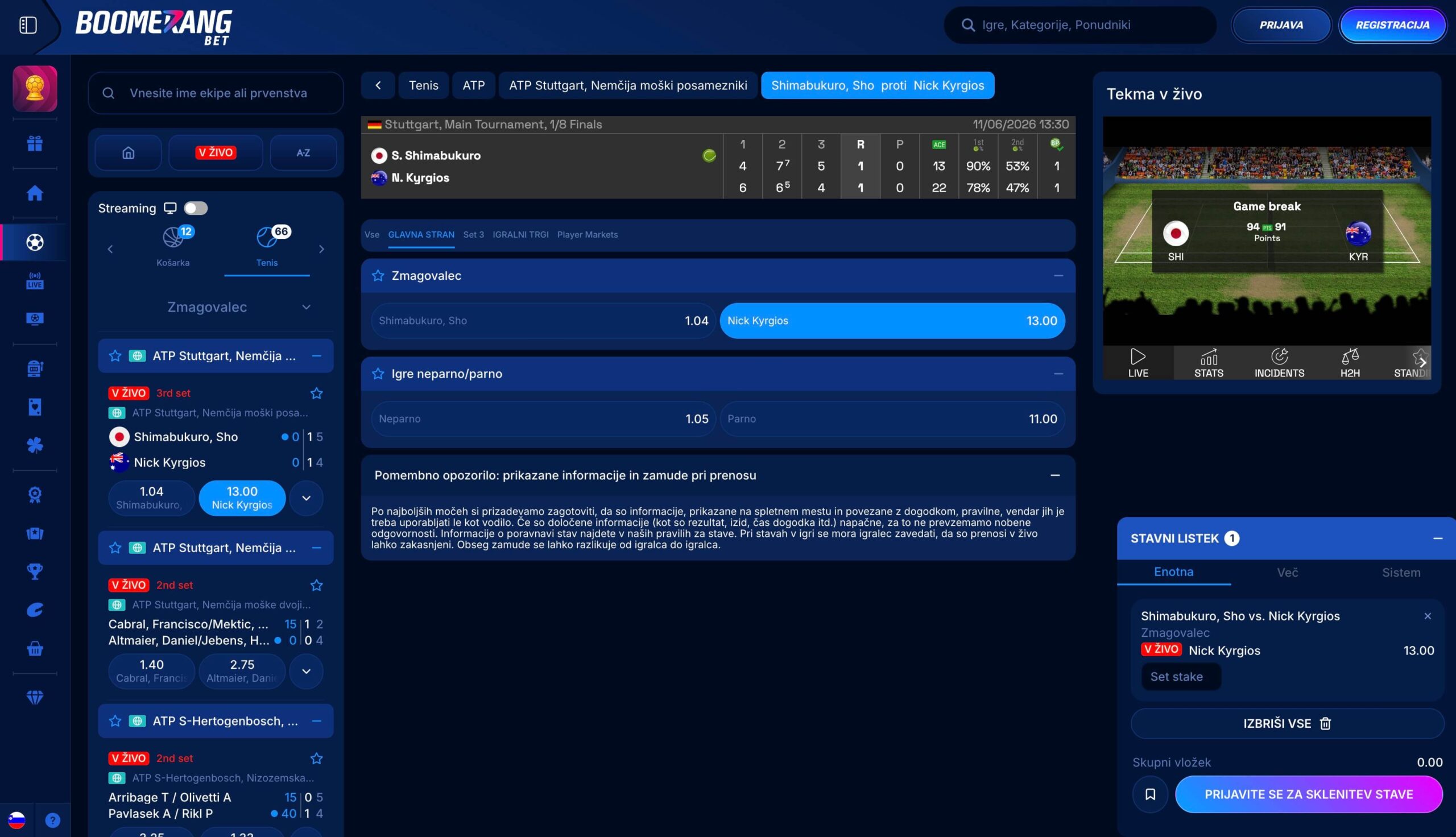 Boomerang Bet stave na tenis z ATP trgi, stavami v živo in teniškimi kvotami
