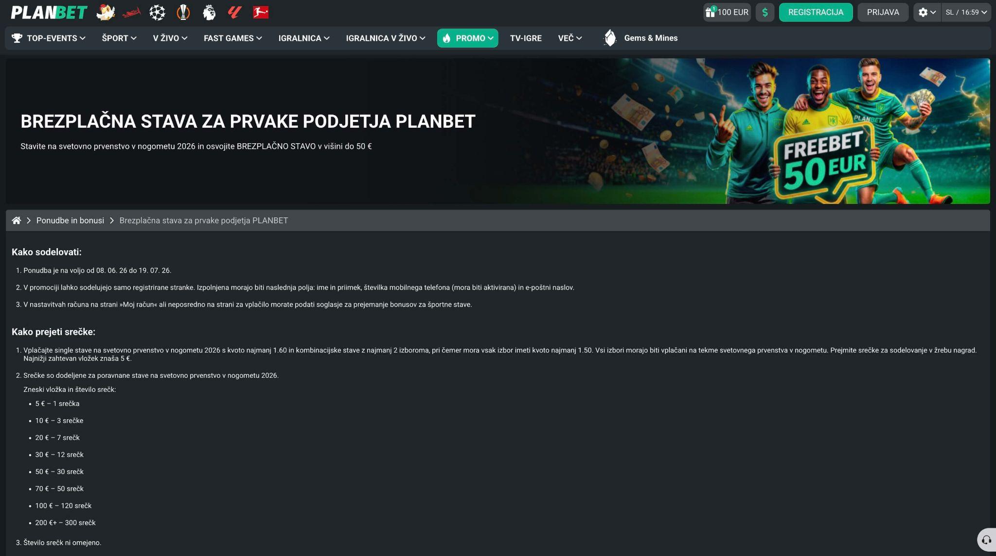Planbet promocija z brezplačno stavo za nove igralce med registracijo