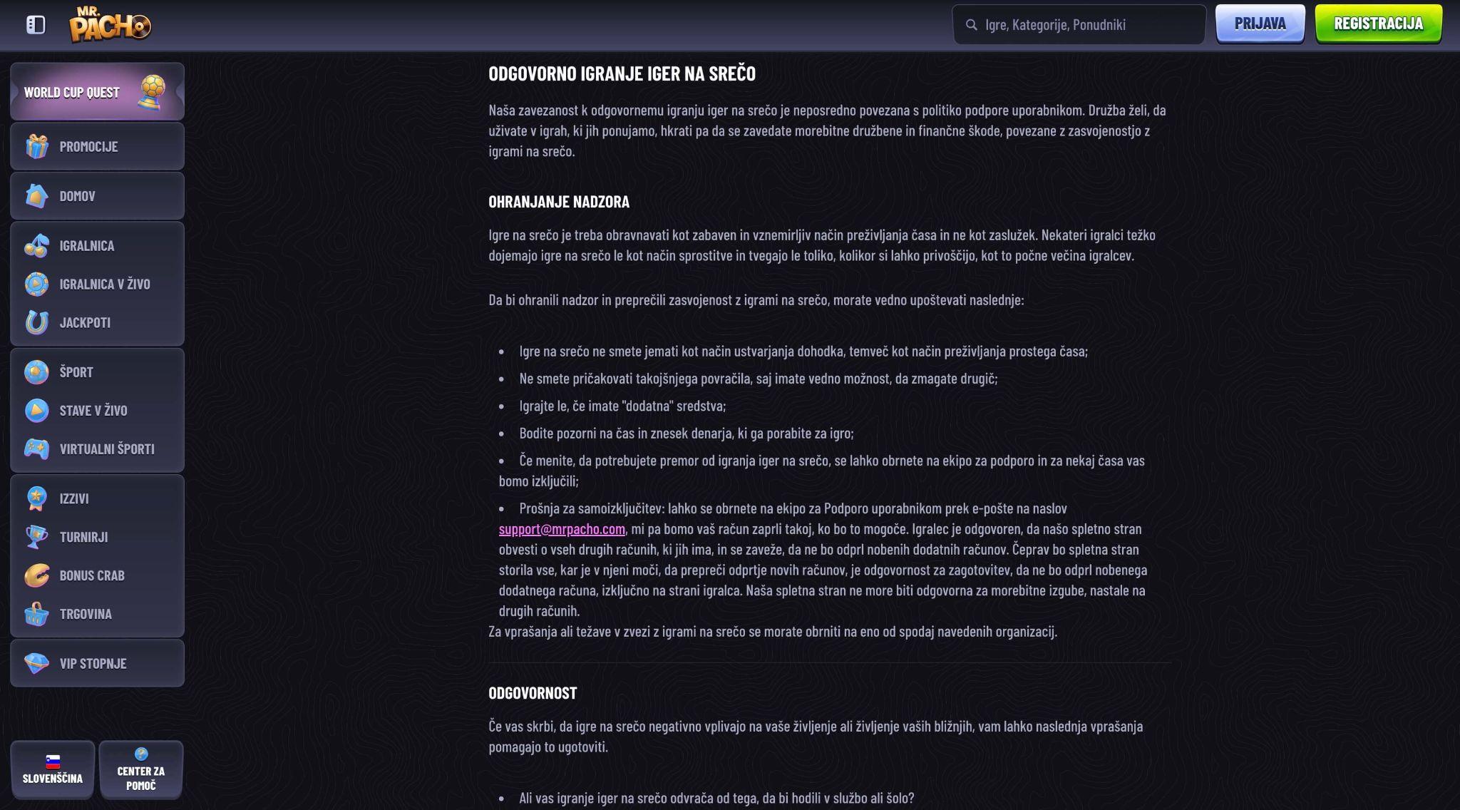 Mr Pacho odgovorno igranje funkcije za omejitve igranja in zaščito uporabnikov