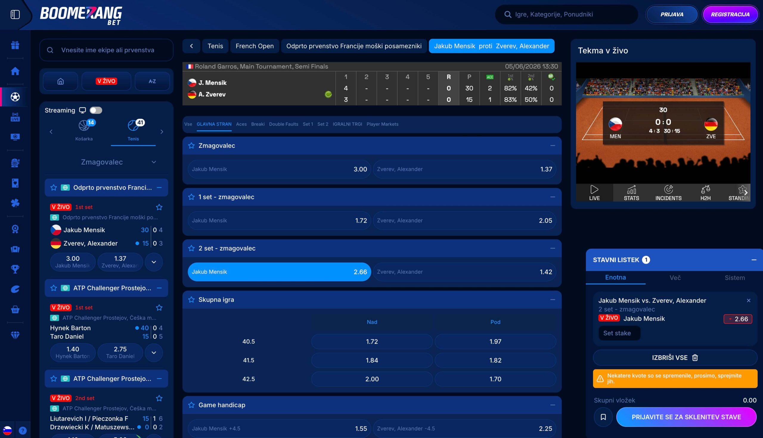 Boomerang Bet tenis stave v živo z rezultati, statistiko in kvotami v realnem času