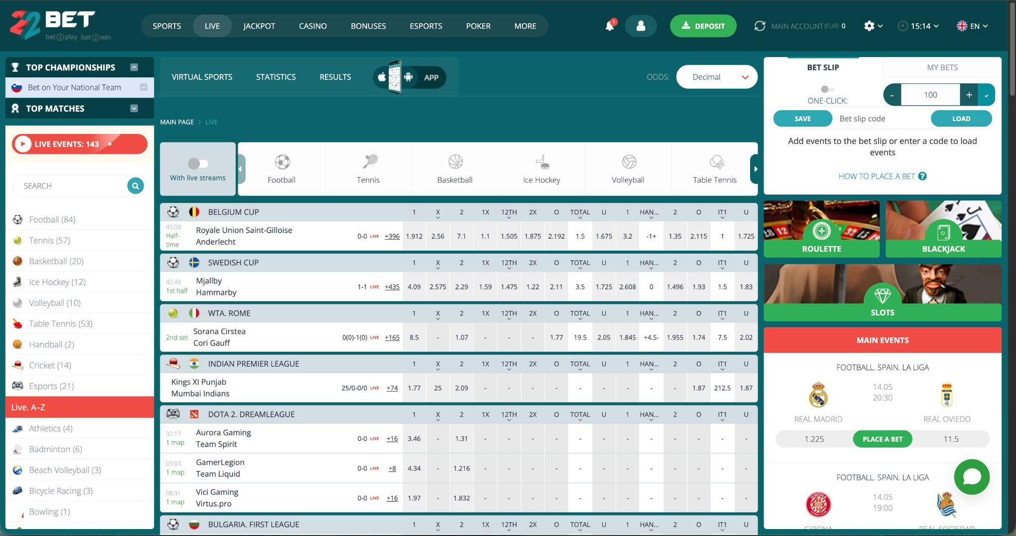 Sekcija stave v živo pri 22Bet z aktivnimi dogodki, live kvotami in e-športnimi trgi