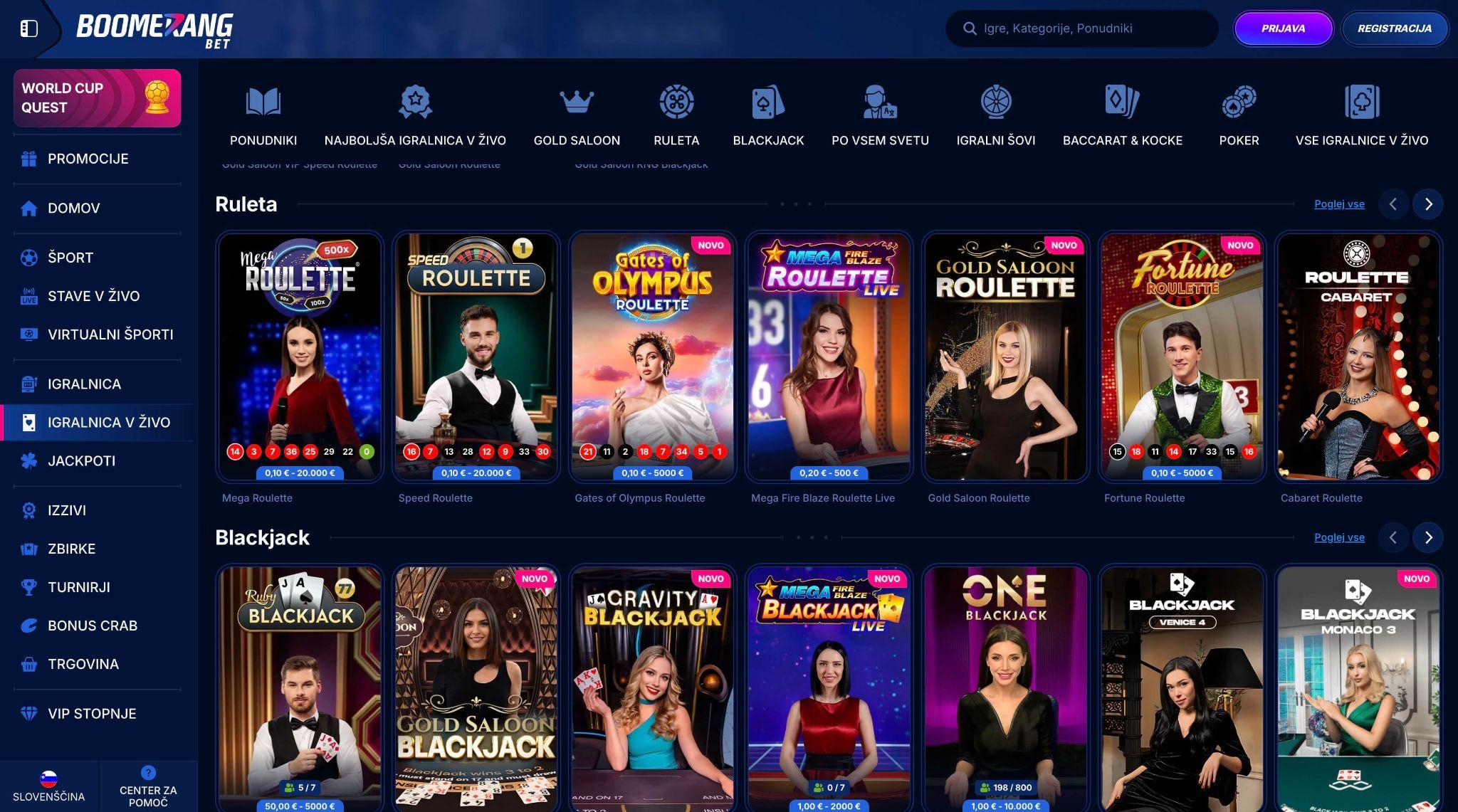 Boomerang Bet živi kazino z blackjackom ruleto in igrami z delivci v živo