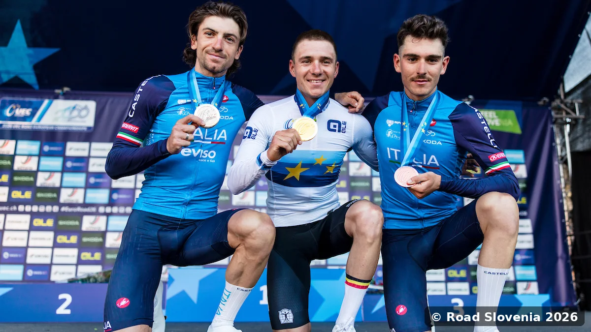 Zmagovalni oder cestne dirke članov na EP v kolesarstvu 2026: Remco Evenepoel, Giulio Ciccone in Cristian Scaroni